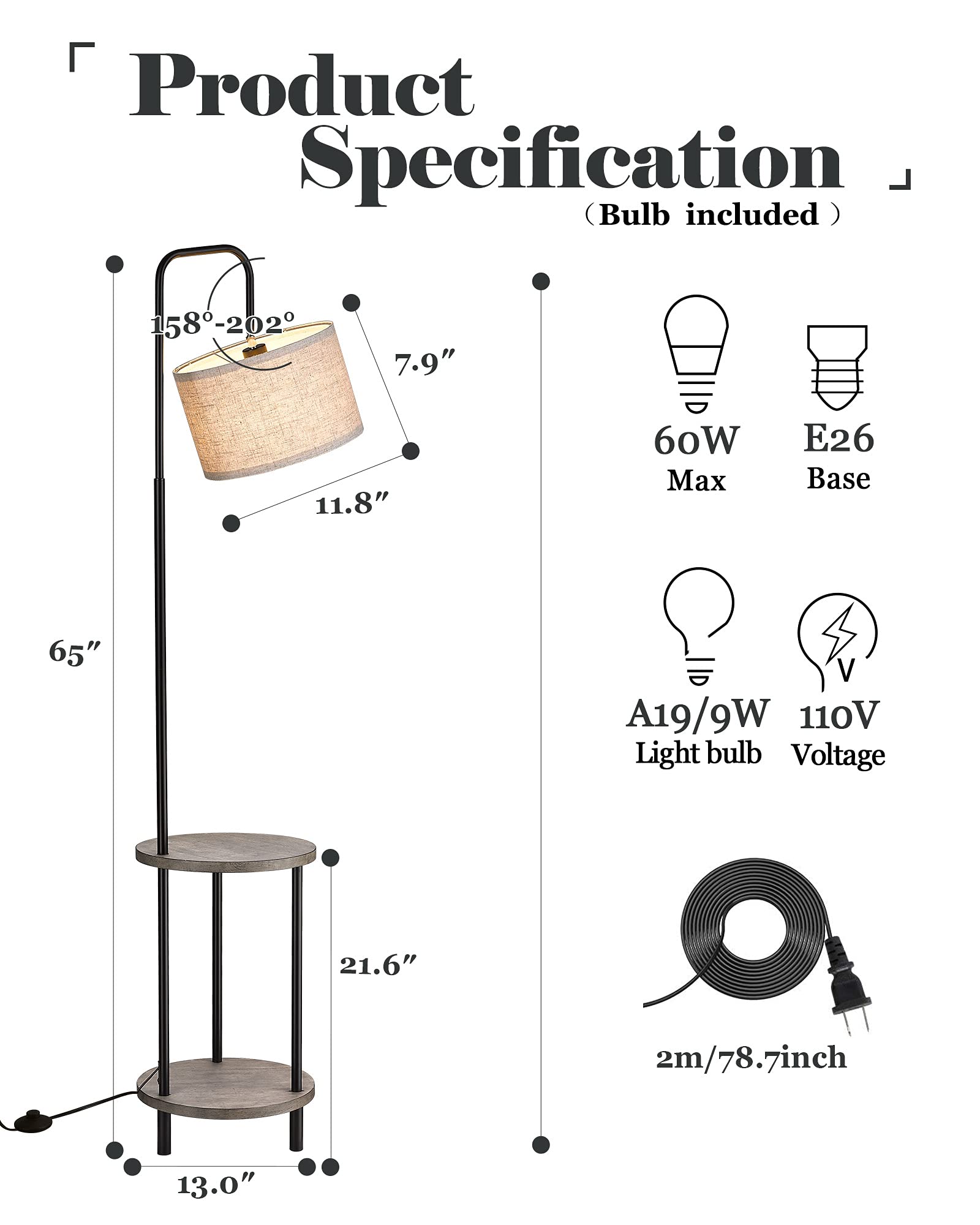 ELYONA Rubber Wood Floor Lamp with Side Table - Mid Century Modern Rustic Standing Light for Bedroom, Living Room & Farmhouse Decor - Industrial Tall Pole Reading Lamp in Grey - Perfect for Cozy Reading Nooks & Nightstand Lighting