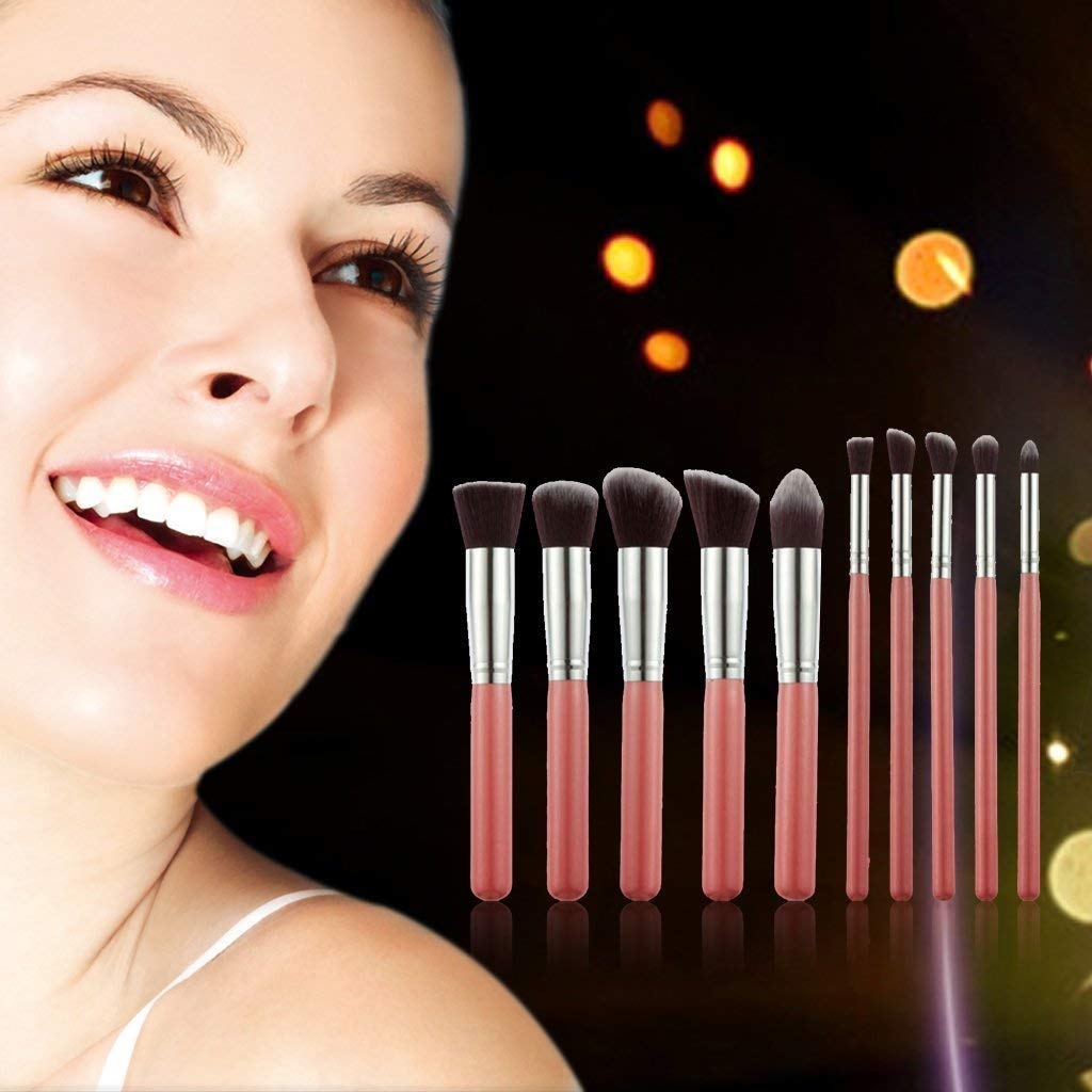 Angelie Pink 10-Piece Makeup Brush Set with Blender Sponge & Brush Egg - Professional Cosmetic Brushes for Foundation, Contour, Eyeshadow & More - Perfect for Travel, Home & Professional Makeup Artists