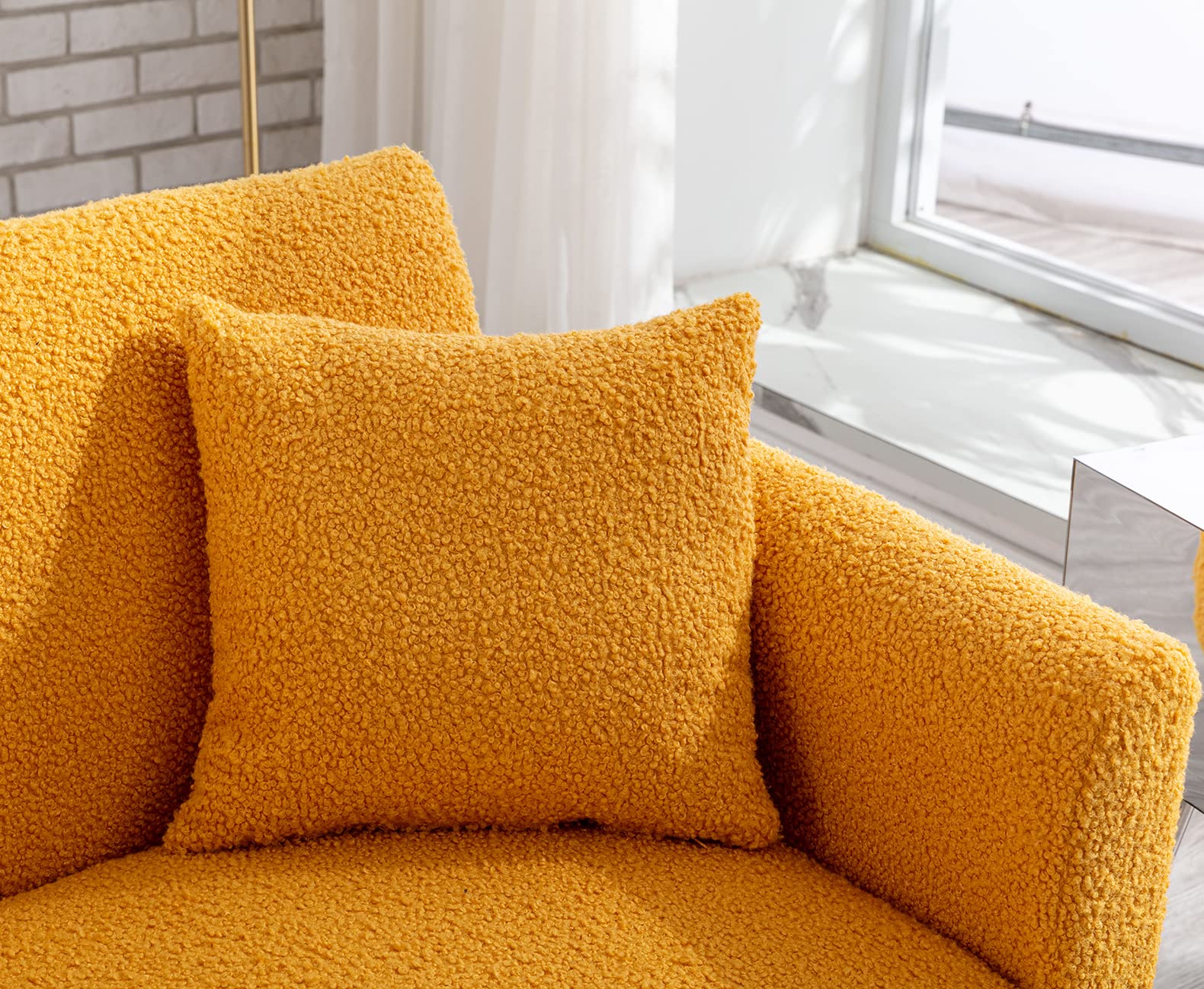 Antetek 3-Position Adjustable Futon Sofa Bed - Modern Convertible Loveseat Sleeper with 5 Metal Tapered Legs & 2 Decorative Pillows, Mustard Teddy Fabric - Perfect for Small Apartments, Guest Rooms & Home Offices