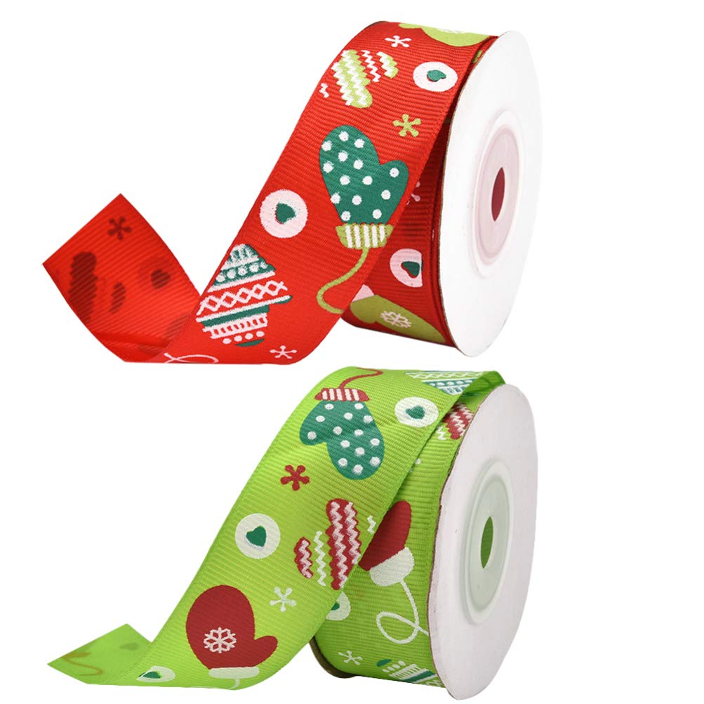 VOSAREA 2 Rolls Christmas Ribbon Set - 1/2 Inch Wide Xmas Polyester Grosgrain Ribbon for Gift Wrapping, Holiday Party Decorations, Tree Trimming, DIY Crafts and Festive Home Decoration (Glove Style)