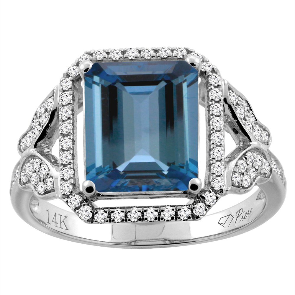 14K Gold Natural London Blue Topaz Octagon Ring with Diamond Accents - 10x8mm, Size 5-10 | Elegant Wedding, Engagement & Anniversary Jewelry Gift for Women