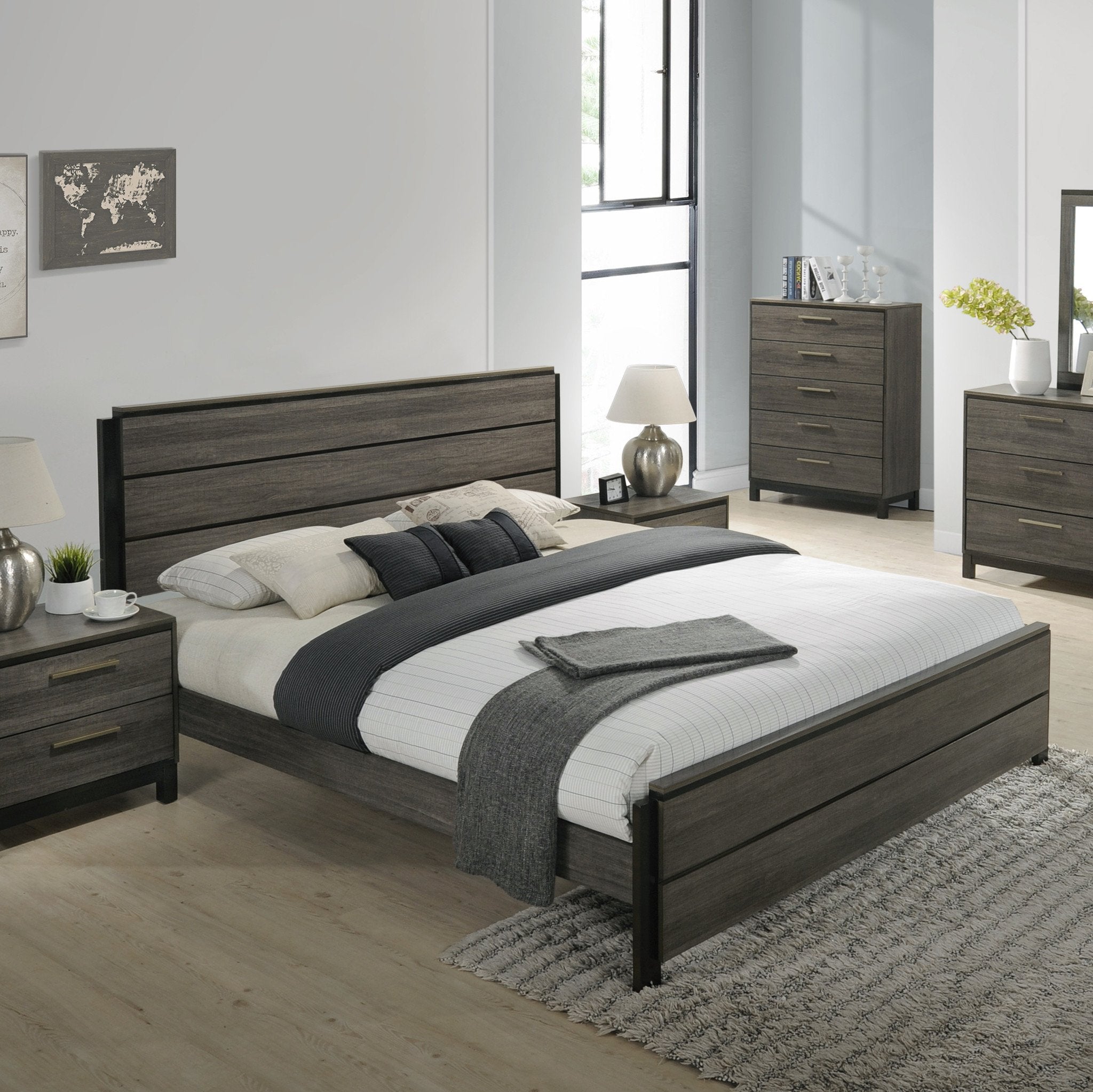 Ioana Contemporary Wood Panel Bed Frame - Gray Finish Queen Size, Modern Platform Bed with Headboard for Bedroom, Guest Room, or Master Suite