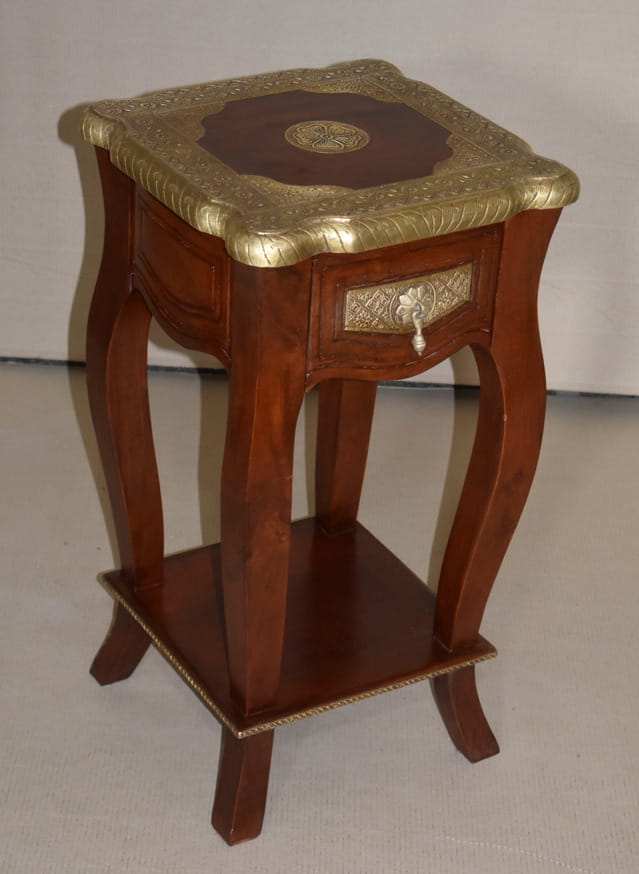Handcrafted Embossed Brass Wooden Bedside Table - Vintage Indian Furniture for Bedroom Decor | Nightstand with Storage & Elegant Design