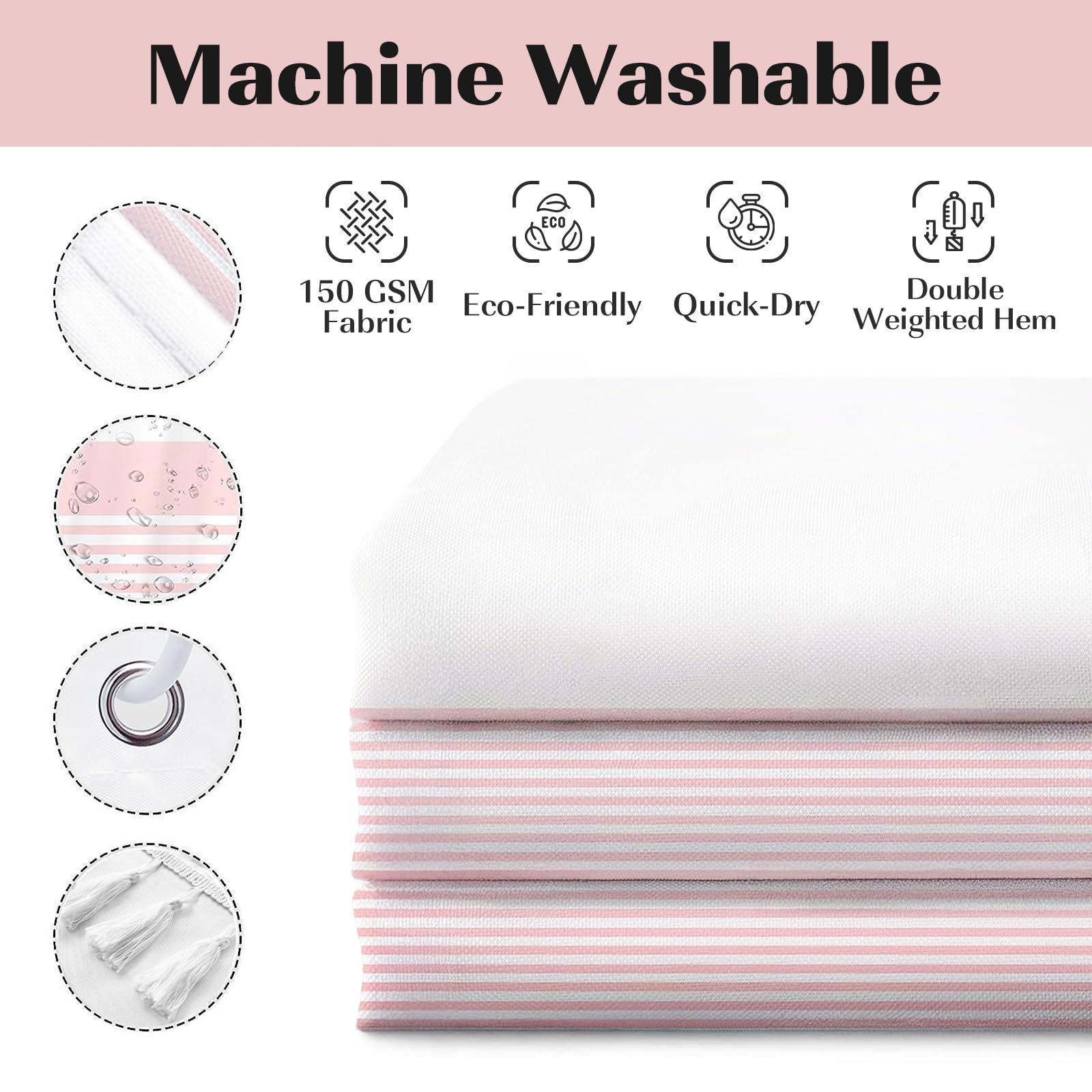 Seasonwood Pink and White Striped Waterproof Shower Curtain with Tassel Trim - 72x84 Inch Long Fabric Bathroom Curtain for Shower Decor - Perfect for Boho, Farmhouse or Modern Bathroom Styles