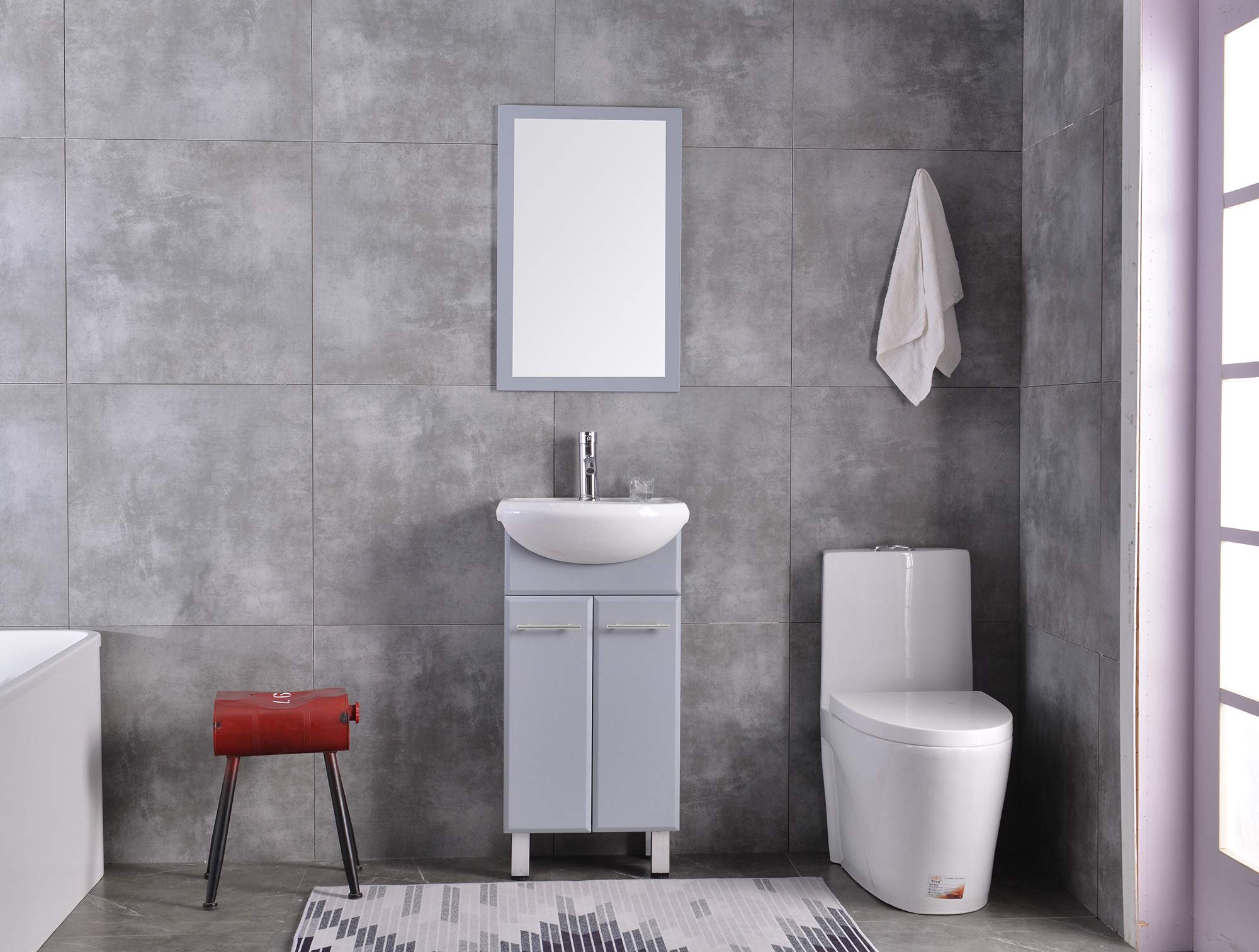 18 Inch Floor Standing Bathroom Cabinet with Mirror - Ceramic Vessel Sink, Faucet & Drain Included (Grey) - Perfect for Modern Bathroom Vanity & Small Space Storage Solution