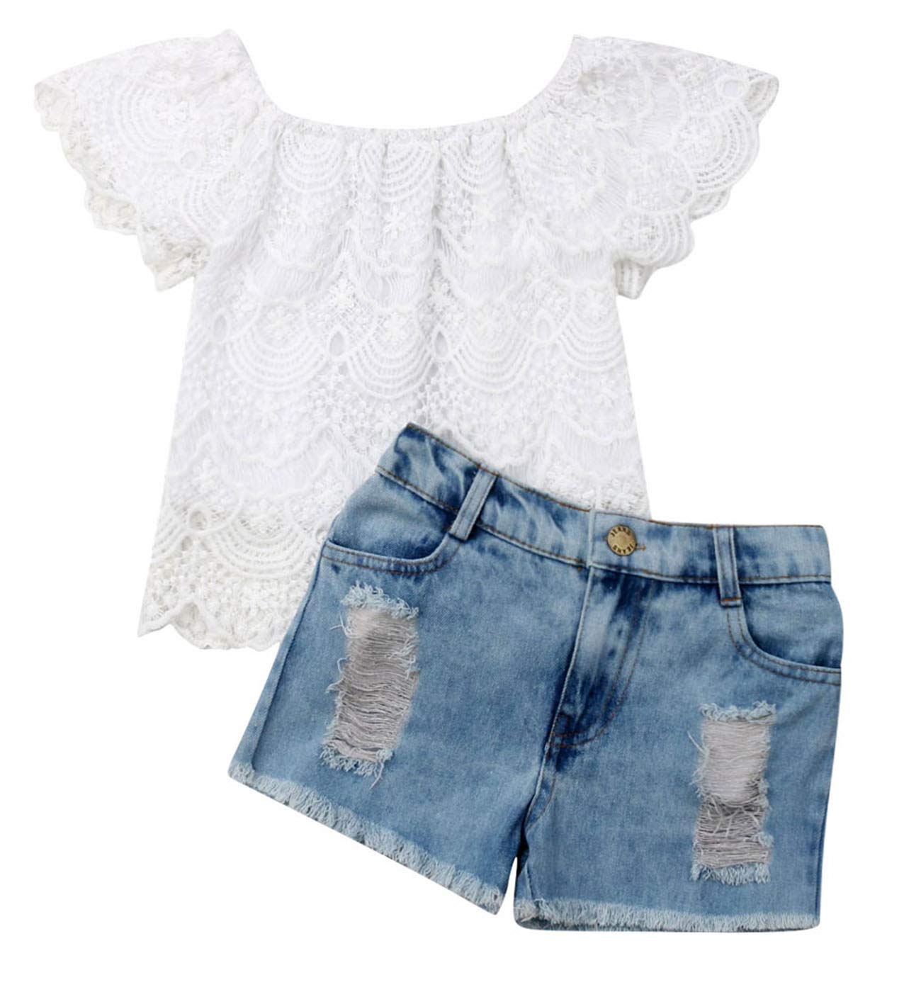 Girls Denim Shorts Set with Lace Crop Top - Ripped Jeans Outfit for Summer | Cute Toddler Fashion for Playdates & Beach Vacations
