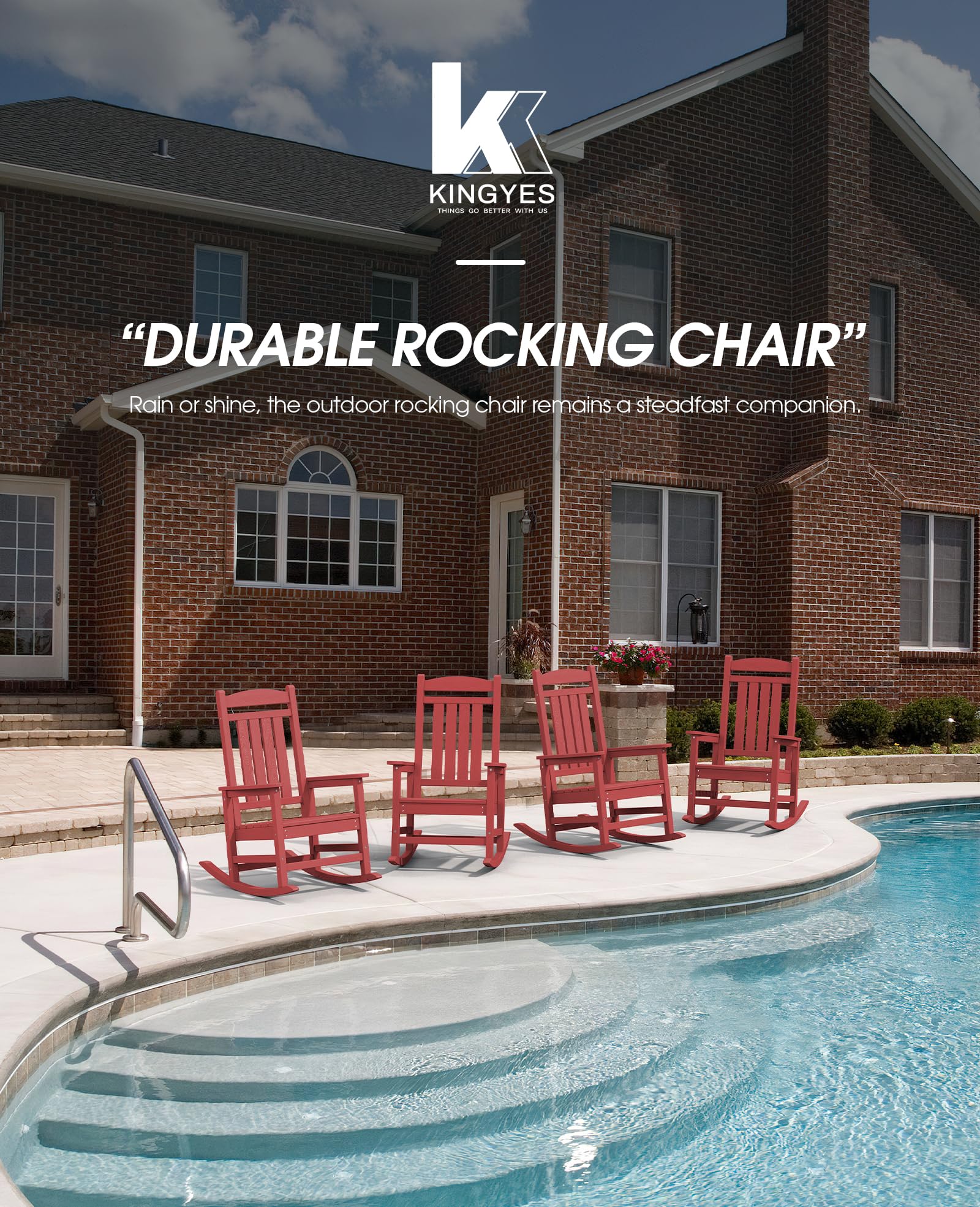 KINGYES Weather-Resistant Outdoor Rocking Chair - High Back Patio Rocker for Adults, Dark Red - Perfect for Porch, Garden & Backyard Relaxation