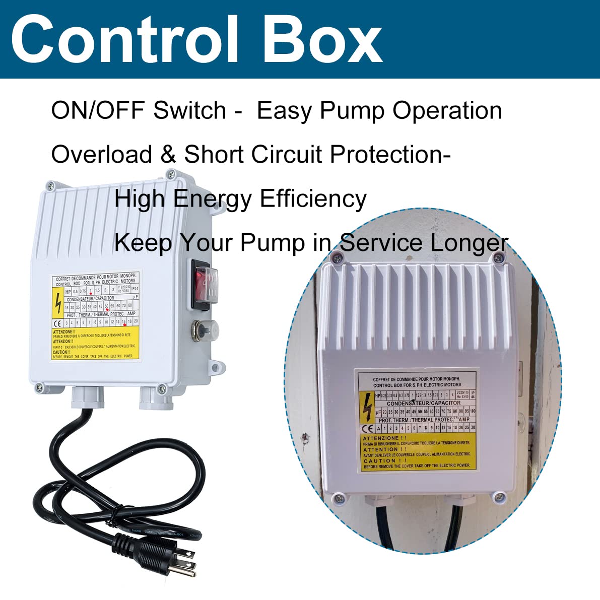 1HP 115V Deep Well Submersible Water Pump with Control Box - Stainless Steel 33 GPM, 266ft Lift, 100ft Power Cord & ON/OFF Switch - Ideal for 4