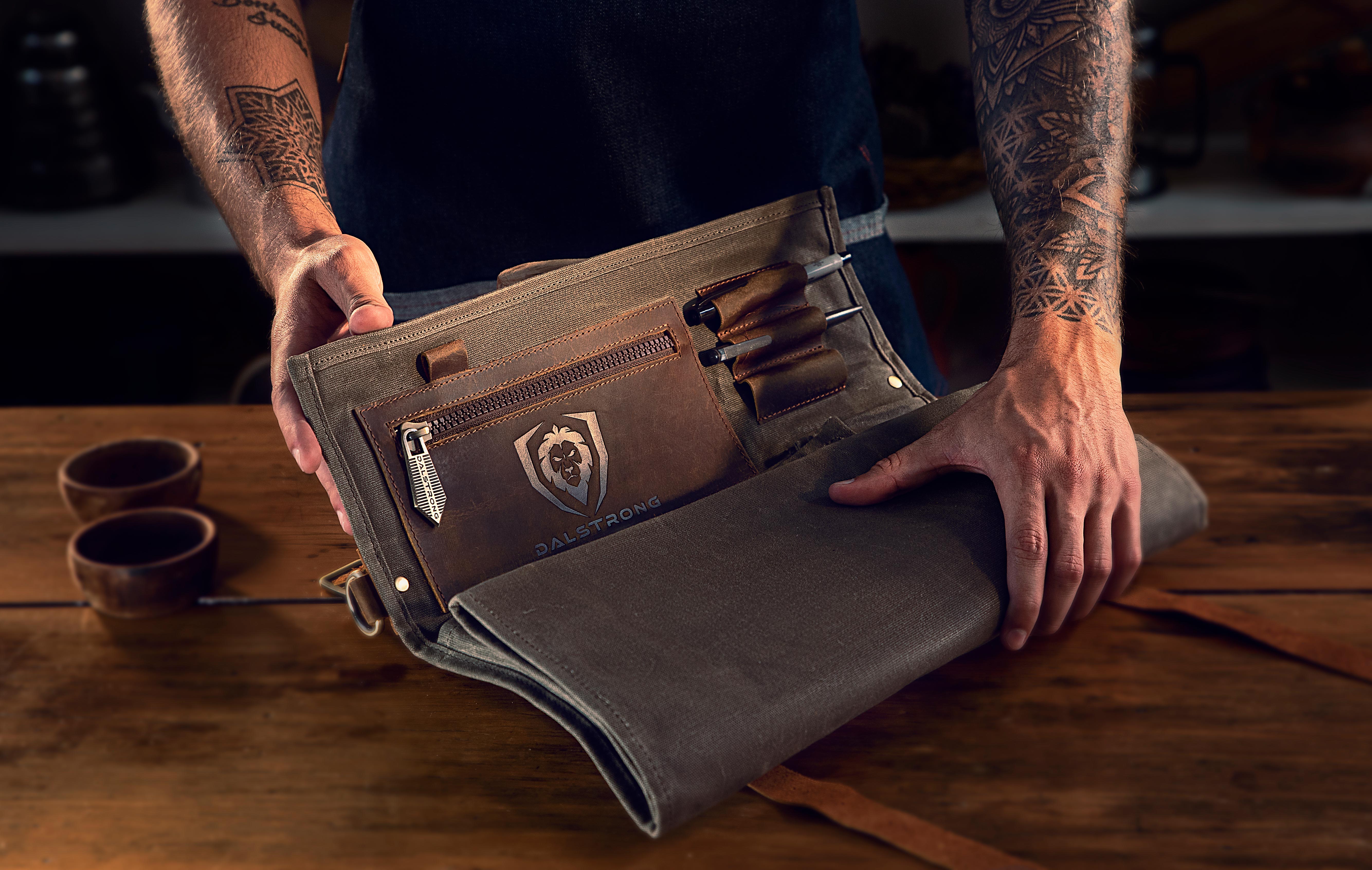 12oz Heavy Duty Canvas & Leather Knife Roll - Army Green - Dalstrong Nomad Series | Perfect for Chefs, Butchers & Culinary Professionals | Portable & Durable Knife Storage Solution