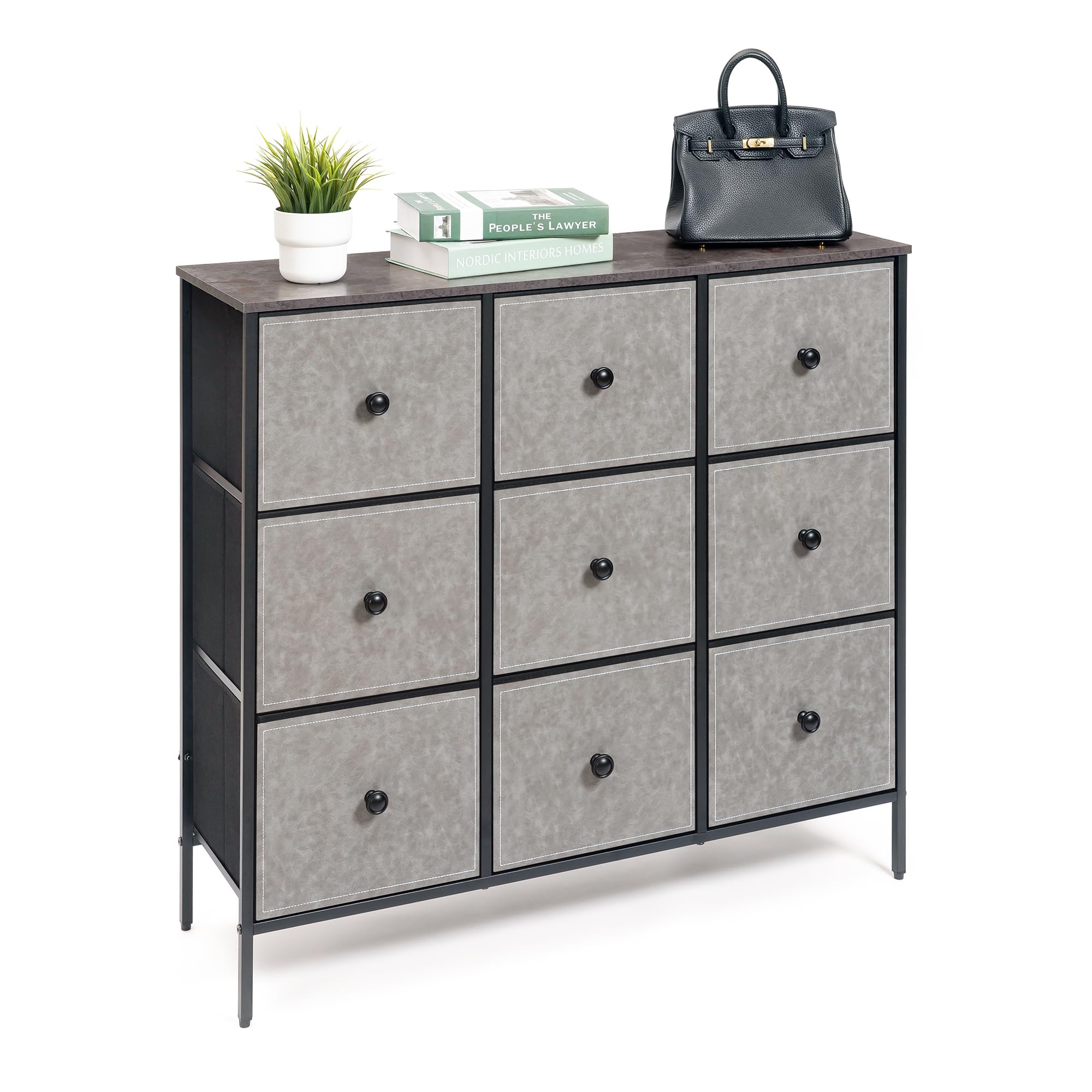 Fabric Drawer Dresser Organizer with Steel Frame & Wooden Top - Wide Storage Tower Unit for Bedroom, Closet, Nursery, Living Room | Space-Saving Dresser Chest with Durable Grey Fabric Drawers for Clothes, Toys & Home Organization
