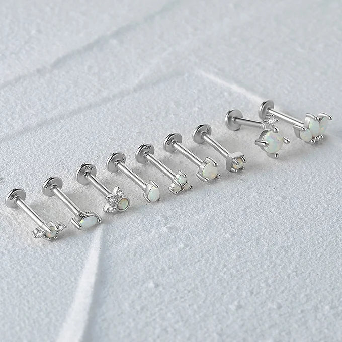 Opal Labret Flat Back Earrings - Surgical Steel Push Pin Studs for Cartilage, Helix, Nose Piercing | Hypoallergenic Body Jewelry for Women & Men | Perfect for Everyday Wear & Special Occasions