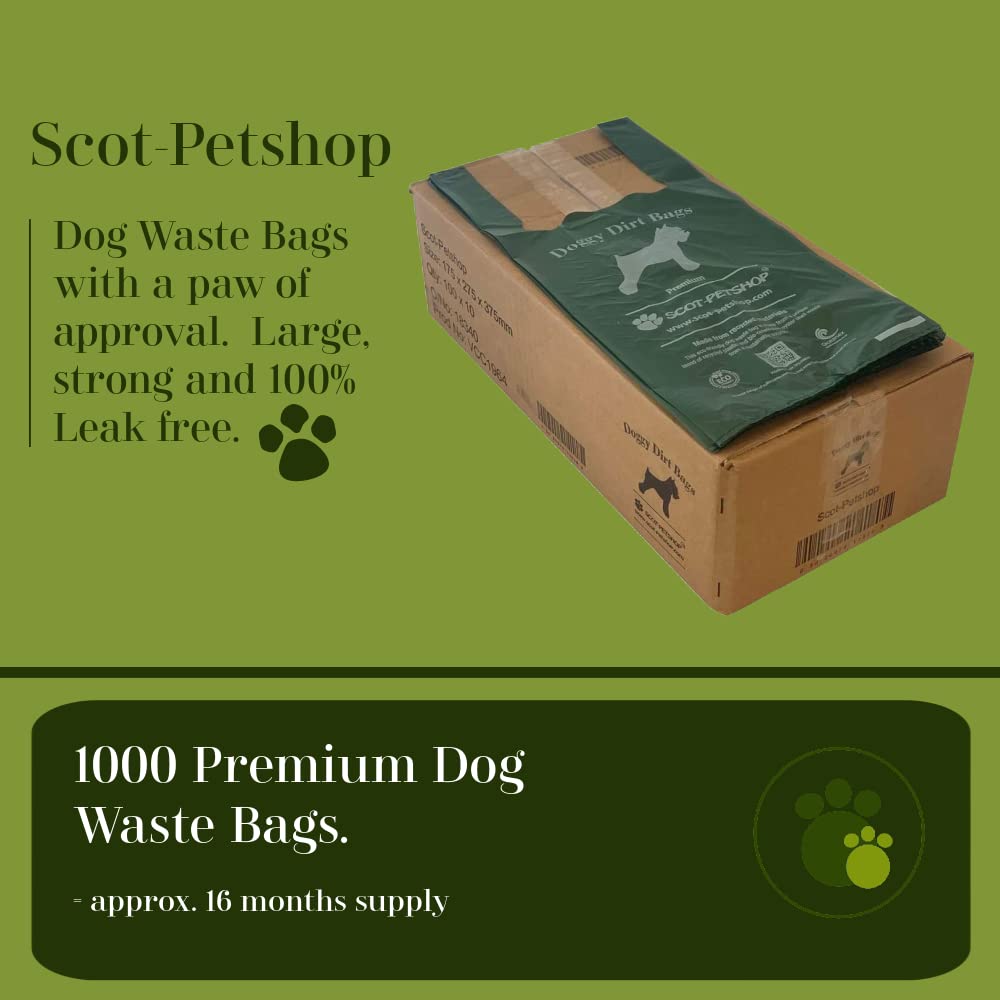 SCOT-PETSHOP Premium Large Thick Green Dog Waste Bags - 1000 Count Biodegradable Poop Bags for Dogs, Extra Strong & Leak Proof - Perfect for Park Walks, Backyard Cleanup & Travel Use