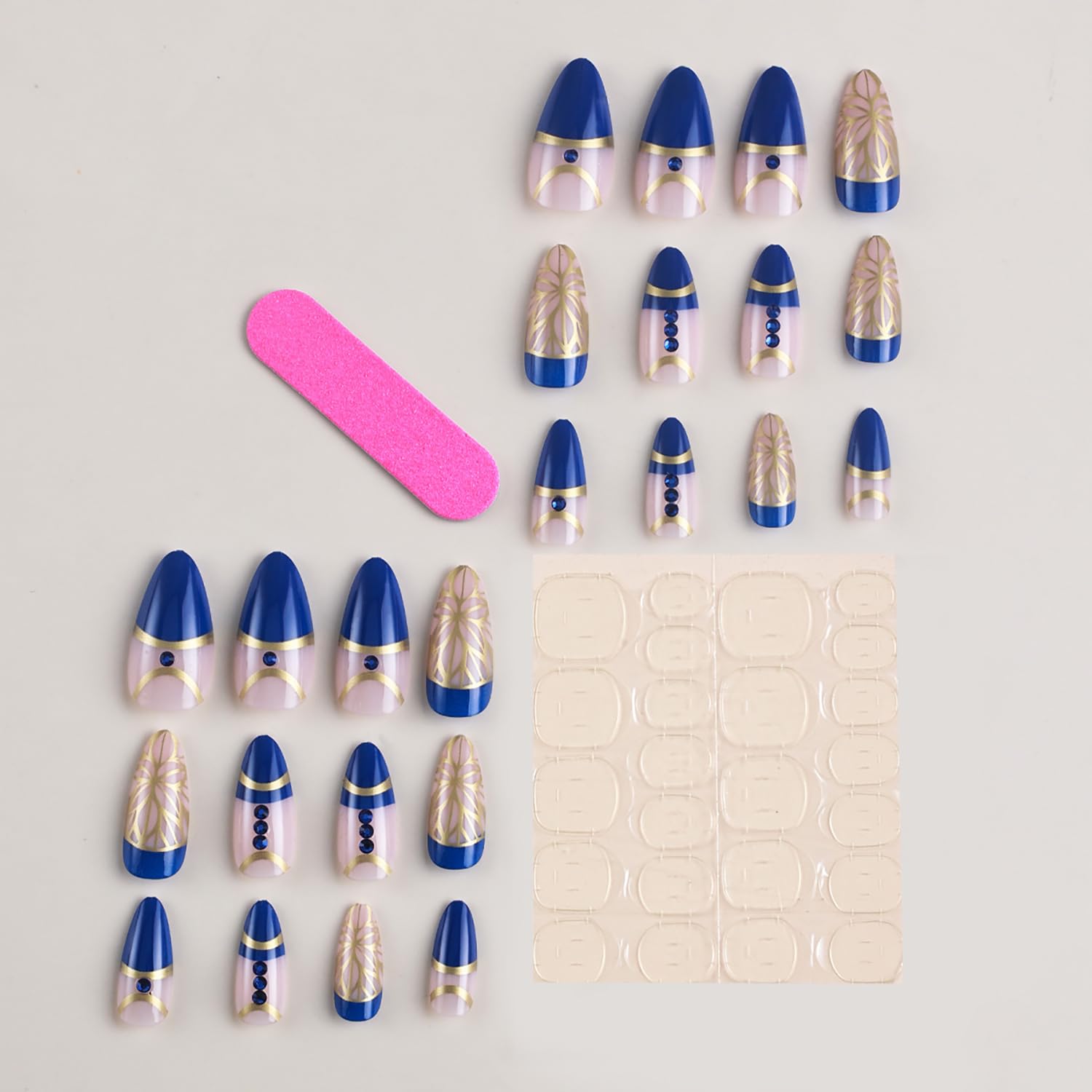 Blue Press on Nails with Rhinestones & Gold Foil - Medium Almond Shaped Acrylic Fake Nails Set | Glossy Coffin French Tip Artificial Nails with Glue | Perfect for Parties, Weddings & Special Occasions