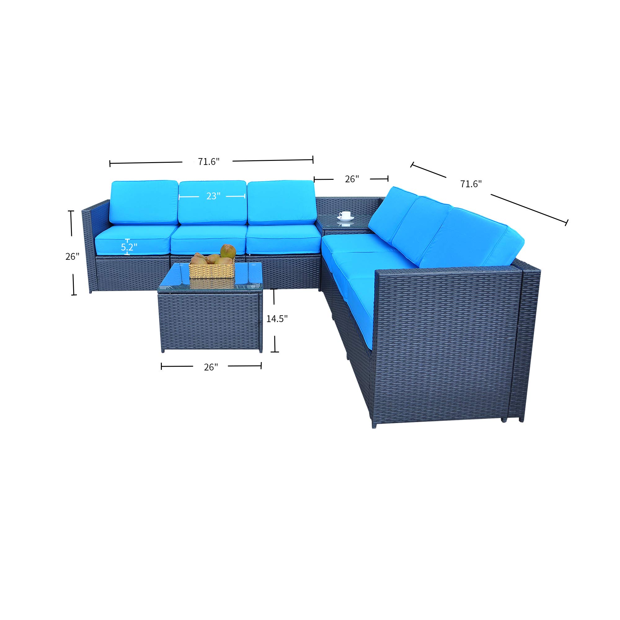MCombo Outdoor Patio Furniture Set - Black Resin Wicker Sectional Sofa with Blue Cushion Covers, All-Weather Rattan Conversation Set 6085-1008 - Perfect for Backyard, Garden, Poolside & Patio Relaxation
