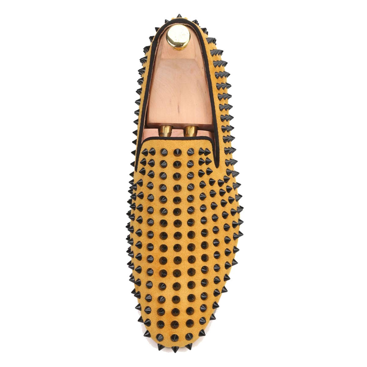 FERUCCI Men's Gold Yellow Velvet Loafers with Black Spikes & Rivets - Comfortable Slip-On Dress Shoes for Wedding, Prom, Party & Formal Occasions