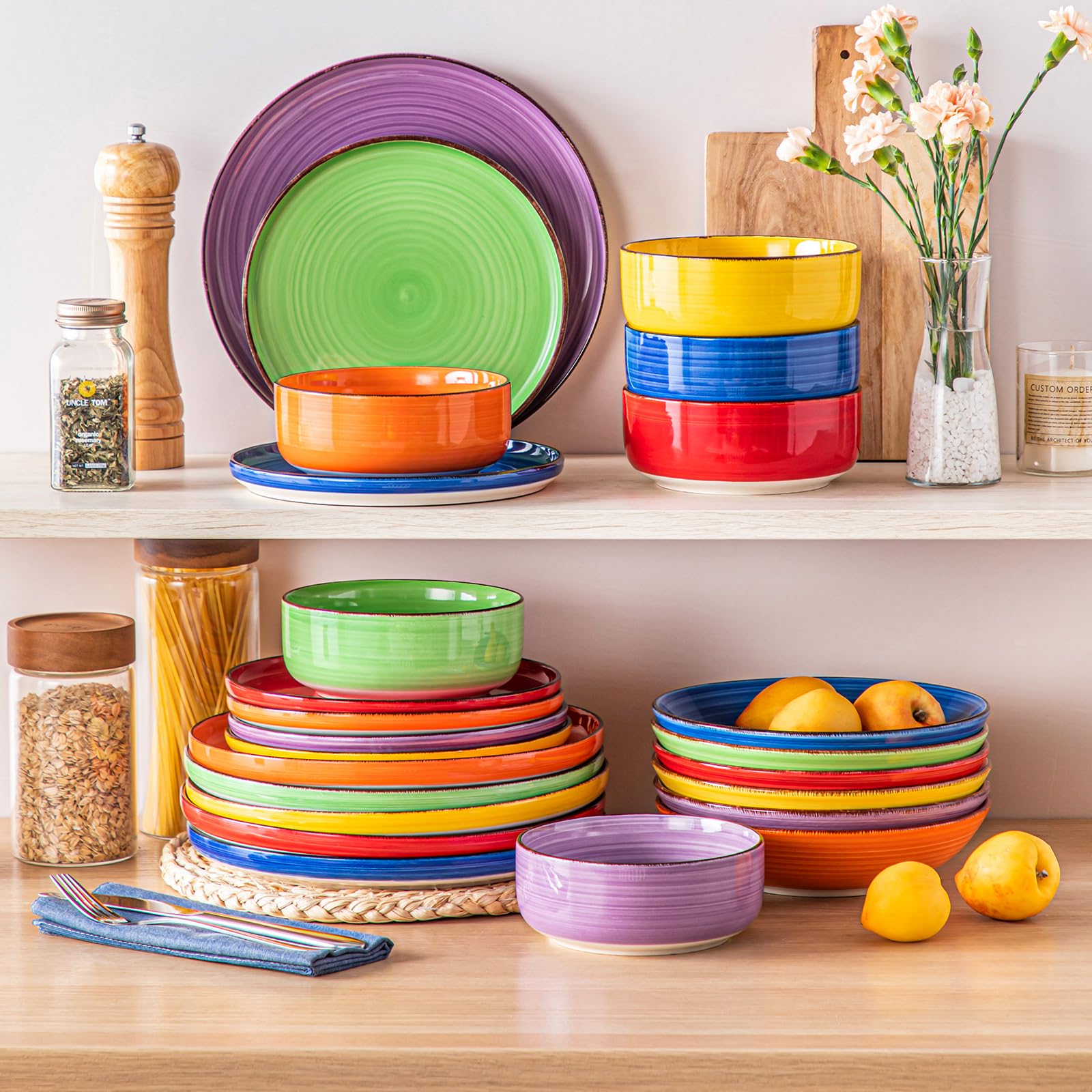 Vancasso Bonita 24-Piece Stoneware Dinnerware Set for 6 - Microwave & Dishwasher Safe Plates, Bowls & Mugs - Colorful Dining Set for Everyday Meals, Family Gatherings & Restaurant-Style Presentation