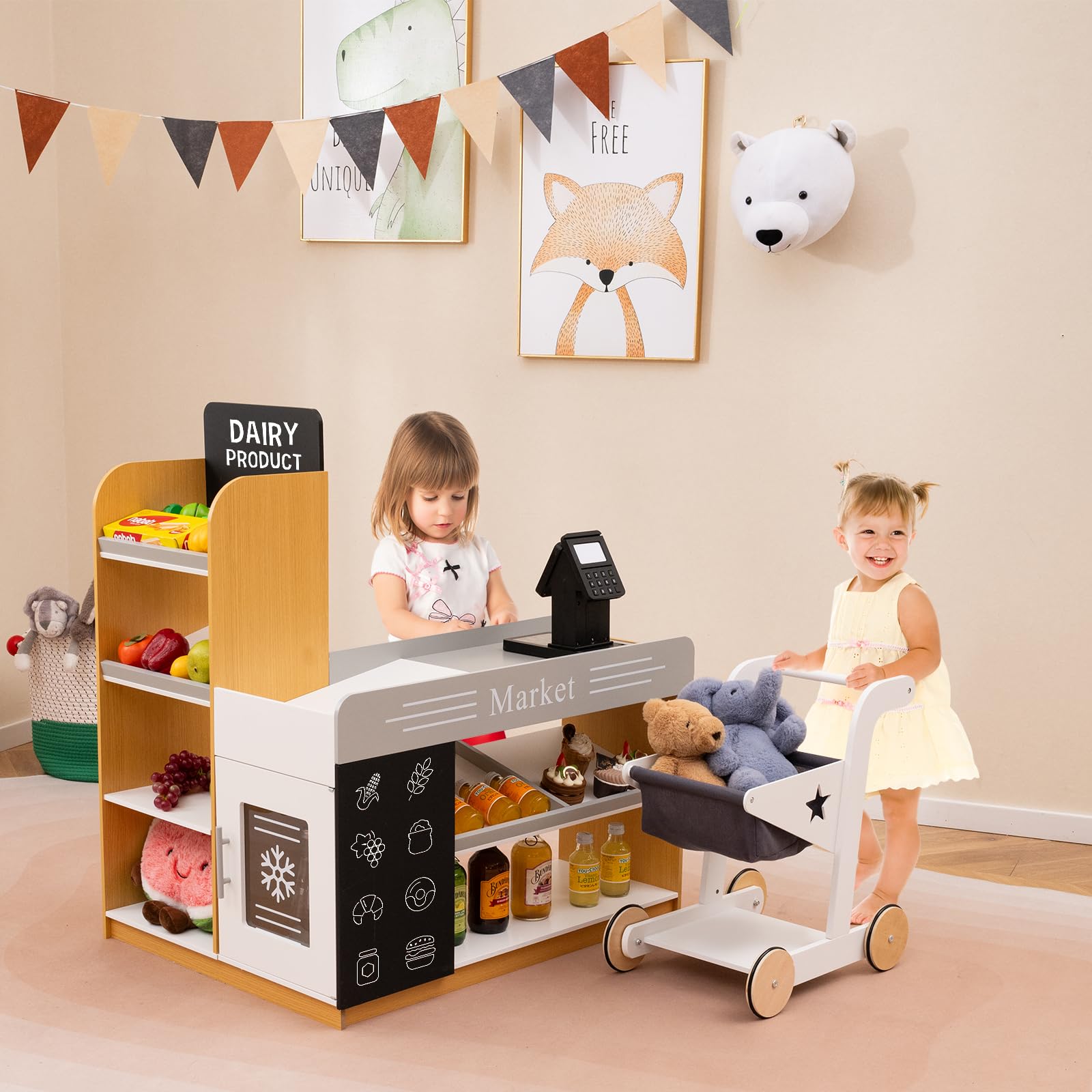 HONEY JOY Kids Wooden Grocery Store Playset with Shopping Cart, Supermarket Checkout Stand, Blackboard & Display Shelves - Pretend Play Toy for Toddlers & Preschoolers | Perfect Gift for Boys & Girls | Natural Wood Design for Home, Classroom & Playroom Fun