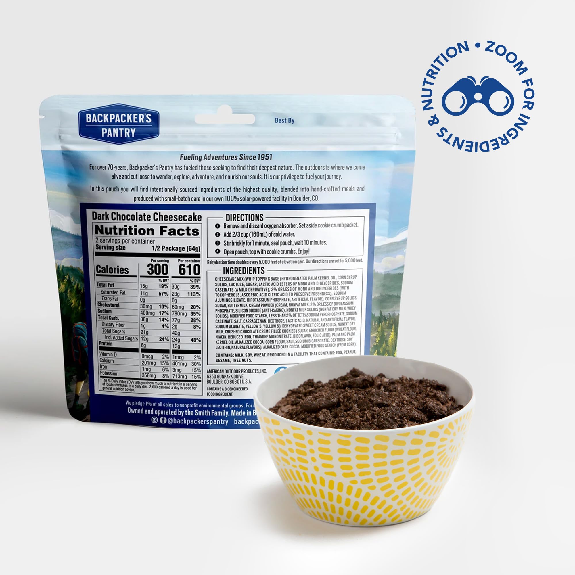 Backpacker's Pantry Dark Chocolate Cheesecake Mix - Freeze Dried Dessert for Backpacking, Camping & Emergency Preparedness - High Protein (13g) Vegetarian Snack - 6 Pack - Perfect for Outdoor Adventures, Hiking Trips & Survival Kits
