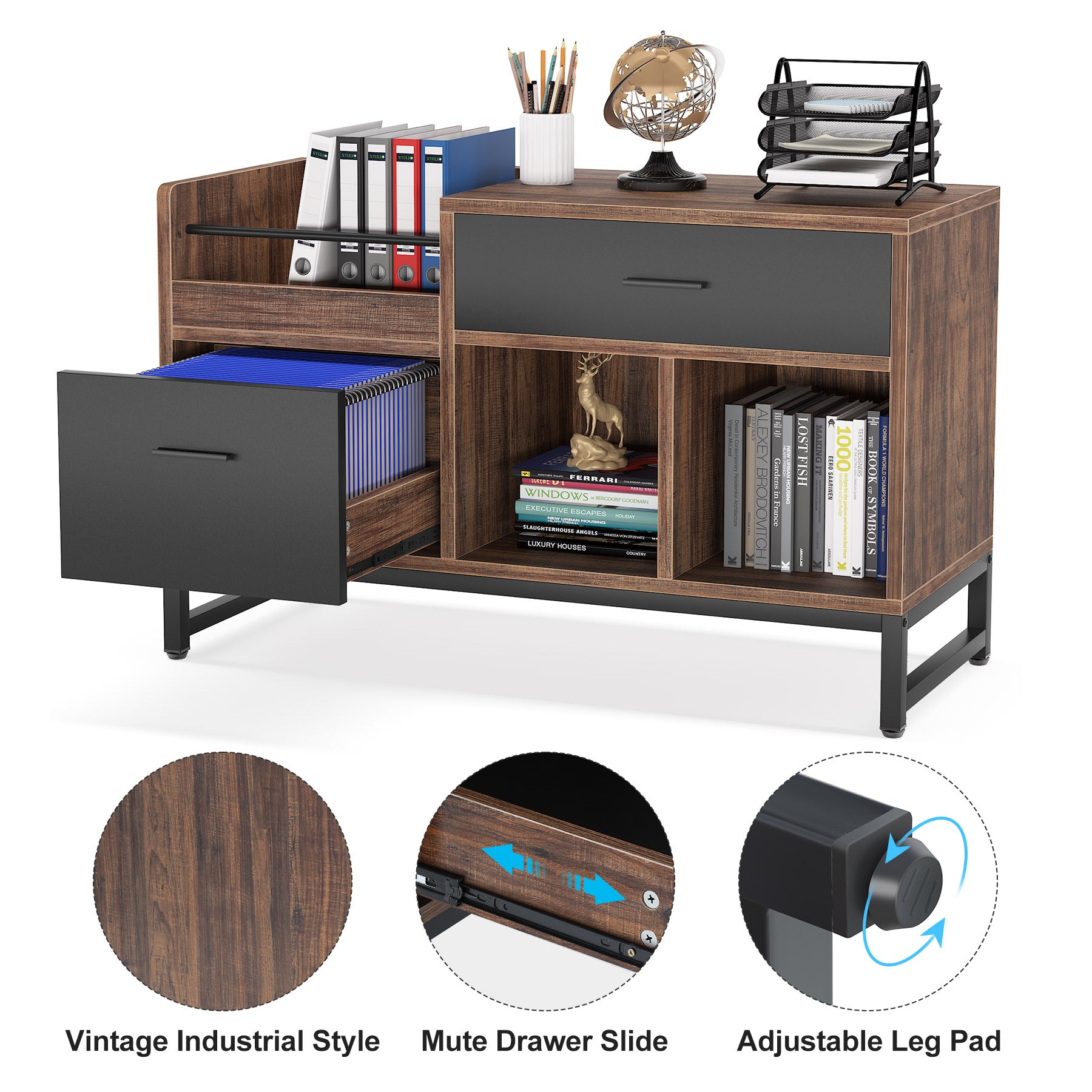 39 Inch Rustic Lateral File Cabinet with 2 Drawers - Wooden Office Storage Solution for Home & Business Organization