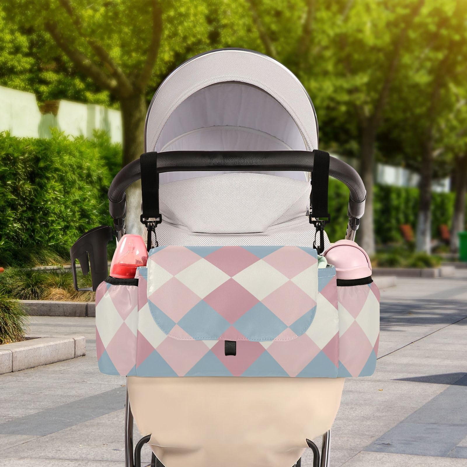 Amooorous Powder Blue Stroller Organizer with Cup Holder - Non-Slip Square Design, Adjustable Straps for Baby Strollers & Car Seats - Perfect for Diapers, Bottles, and Essentials On-The-Go
