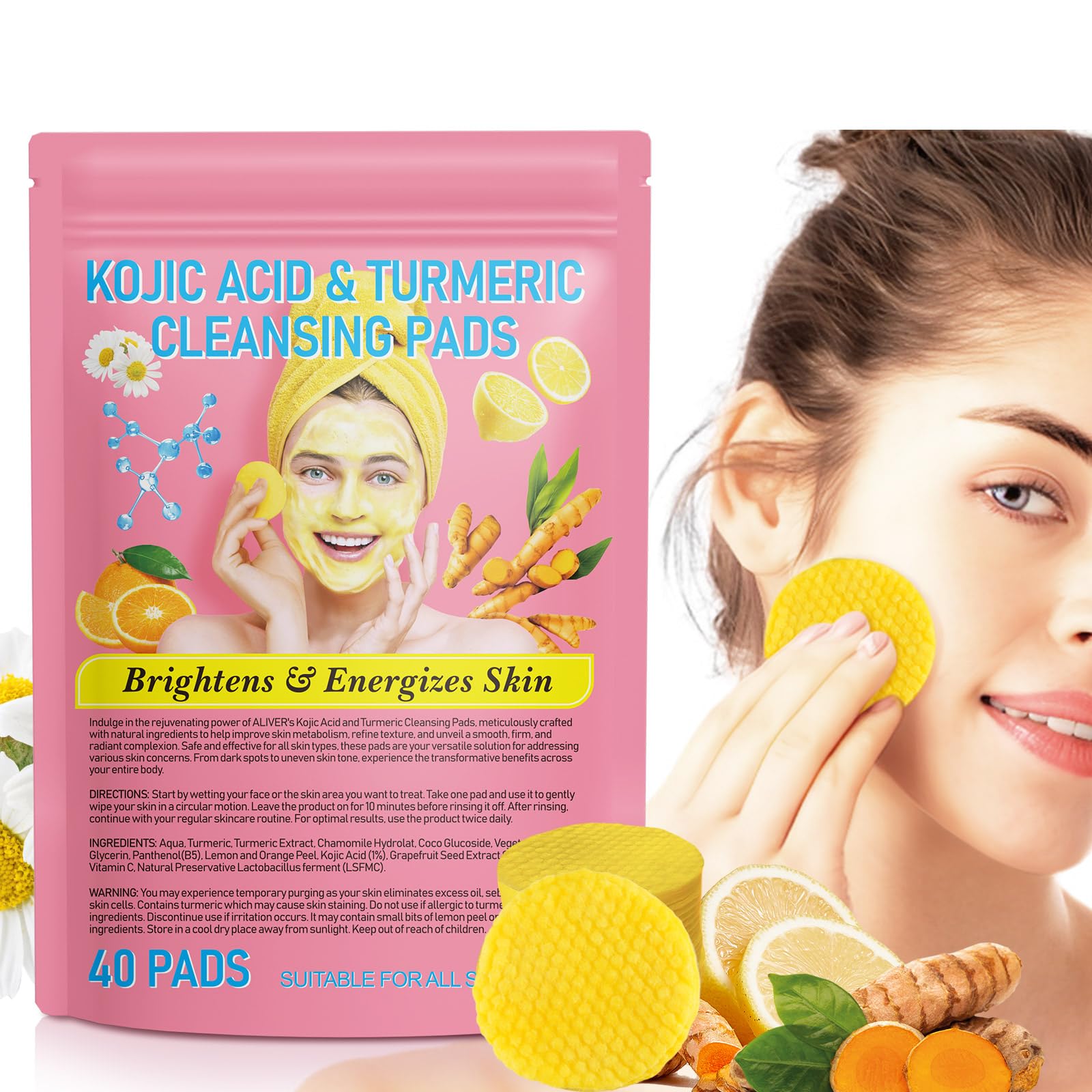 40PCS Turmeric & Kojic Acid Cleansing Pads for Face and Body - Vitamin B5 & C Infused for Brighter Skin | Acne Treatment, Dark Spot Removal & Daily Skincare Routine