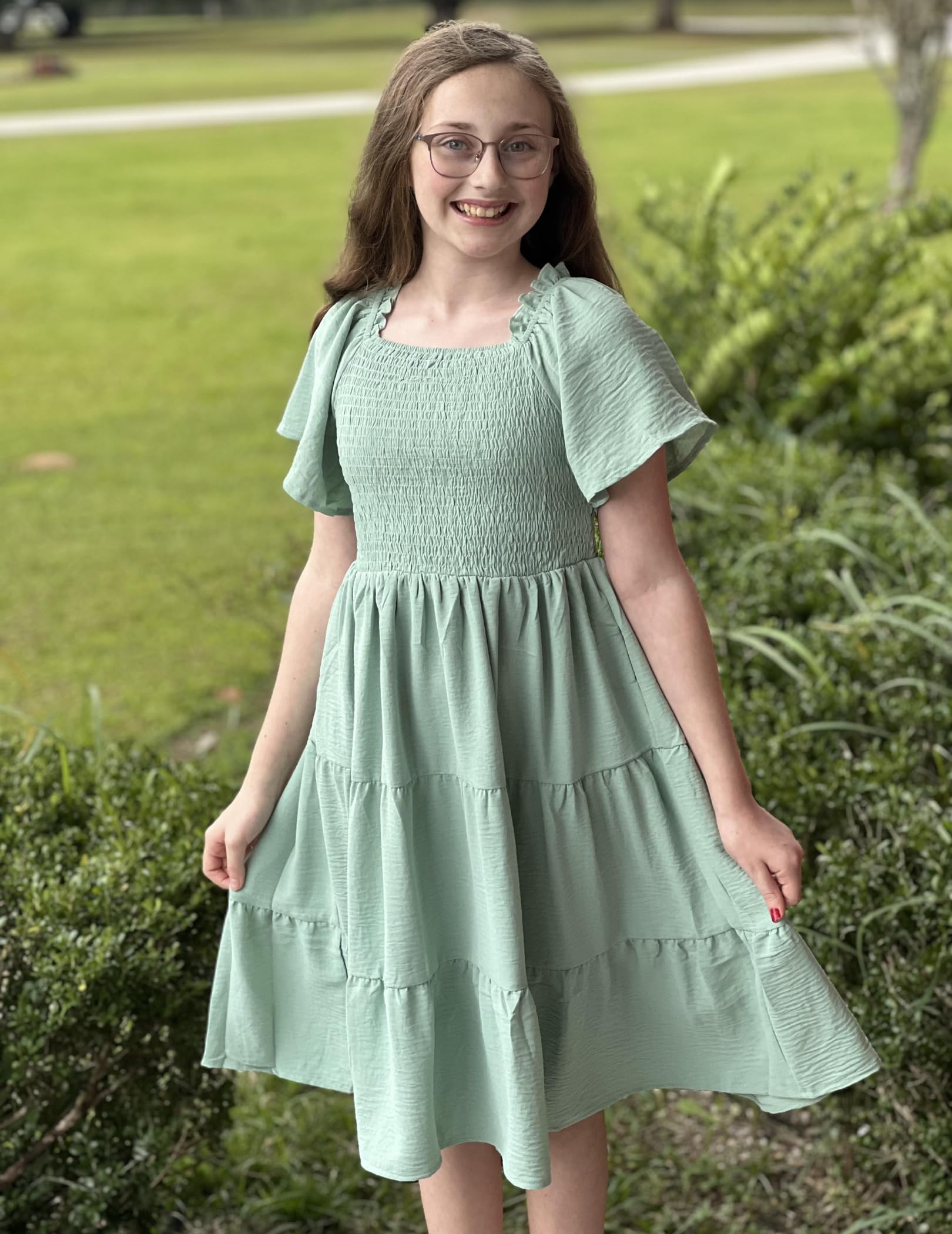Arshiner Girls Summer Dress - Boho Casual Smocked Swing Flowy Ruffle Midi Dress with Pockets for Tweens | Perfect for Beach Outings, Picnics, and Summer Parties