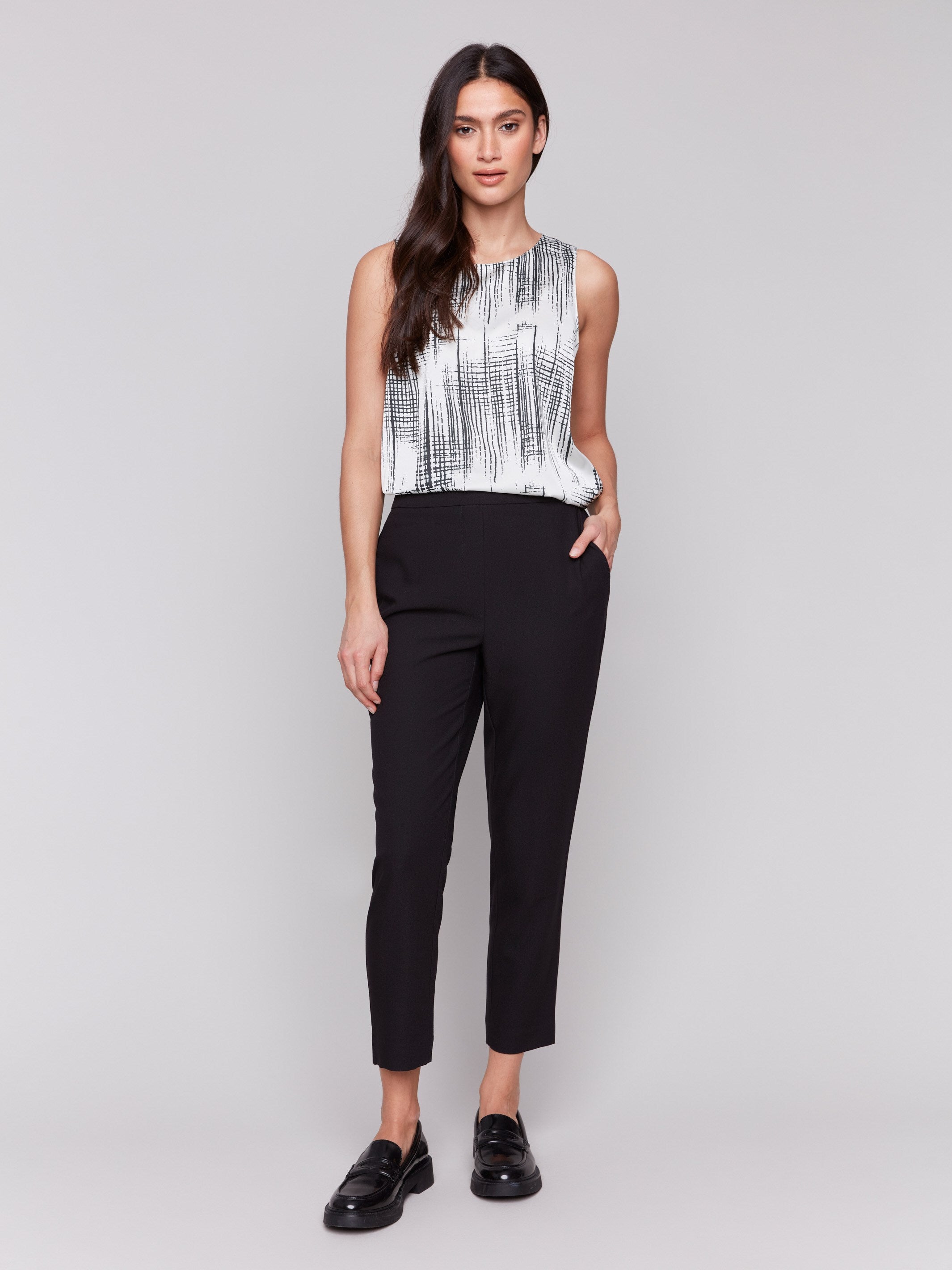 Stylish Black Crepe Pull-On Cropped Pants for Women - Comfortable Stretchy High Waist Ankle Pants for Work, Travel & Casual Wear