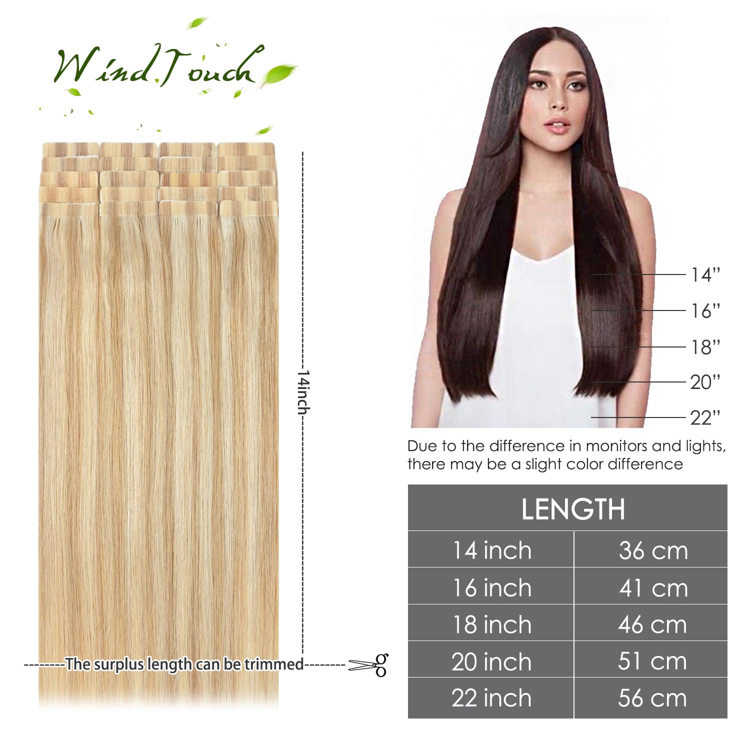 WindTouch Tape in Hair Extensions for Women - 20pcs Balayage Honey Blonde to Bleach Blonde Ombre Human Hair Extensions (14 Inch, 50g, #27P613) | Thick Full Head Hair Weft for Volume & Length | Perfect for Parties, Weddings & Daily Styling