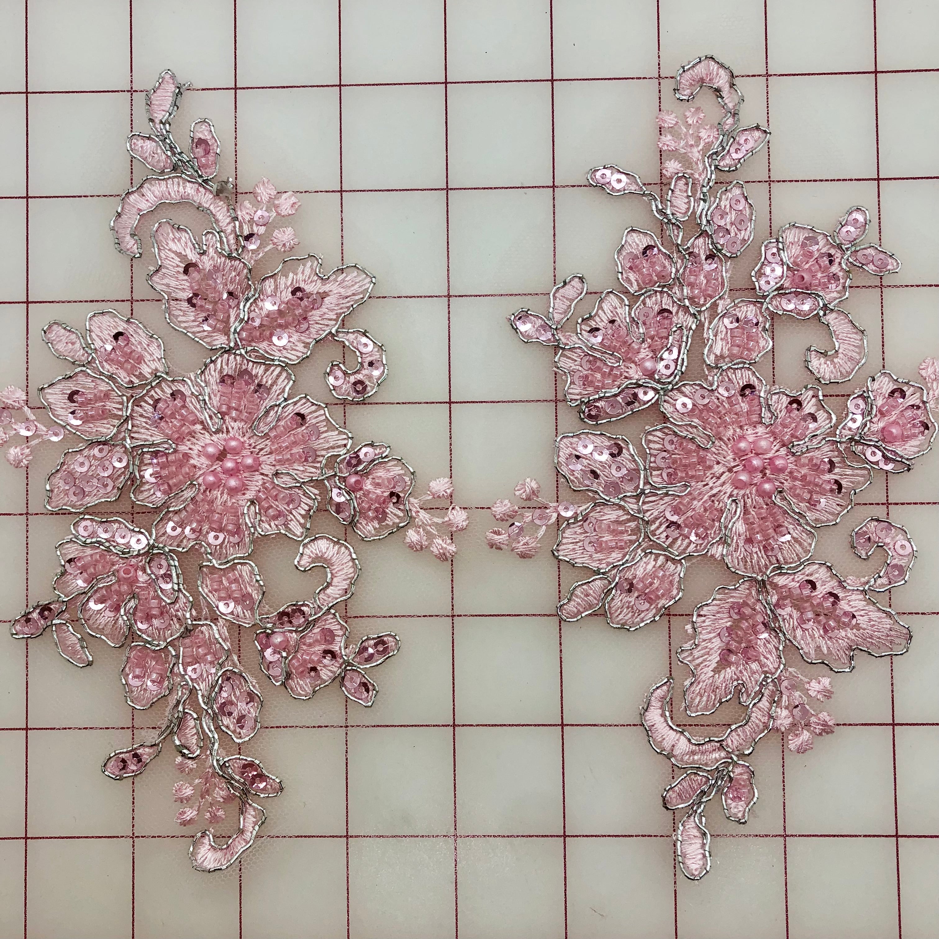 Elegant Beaded and Sequined Applique - Pink & Silver Corded Motif Pairs for DIY Crafts, Wedding Decor, and Costume Embellishment