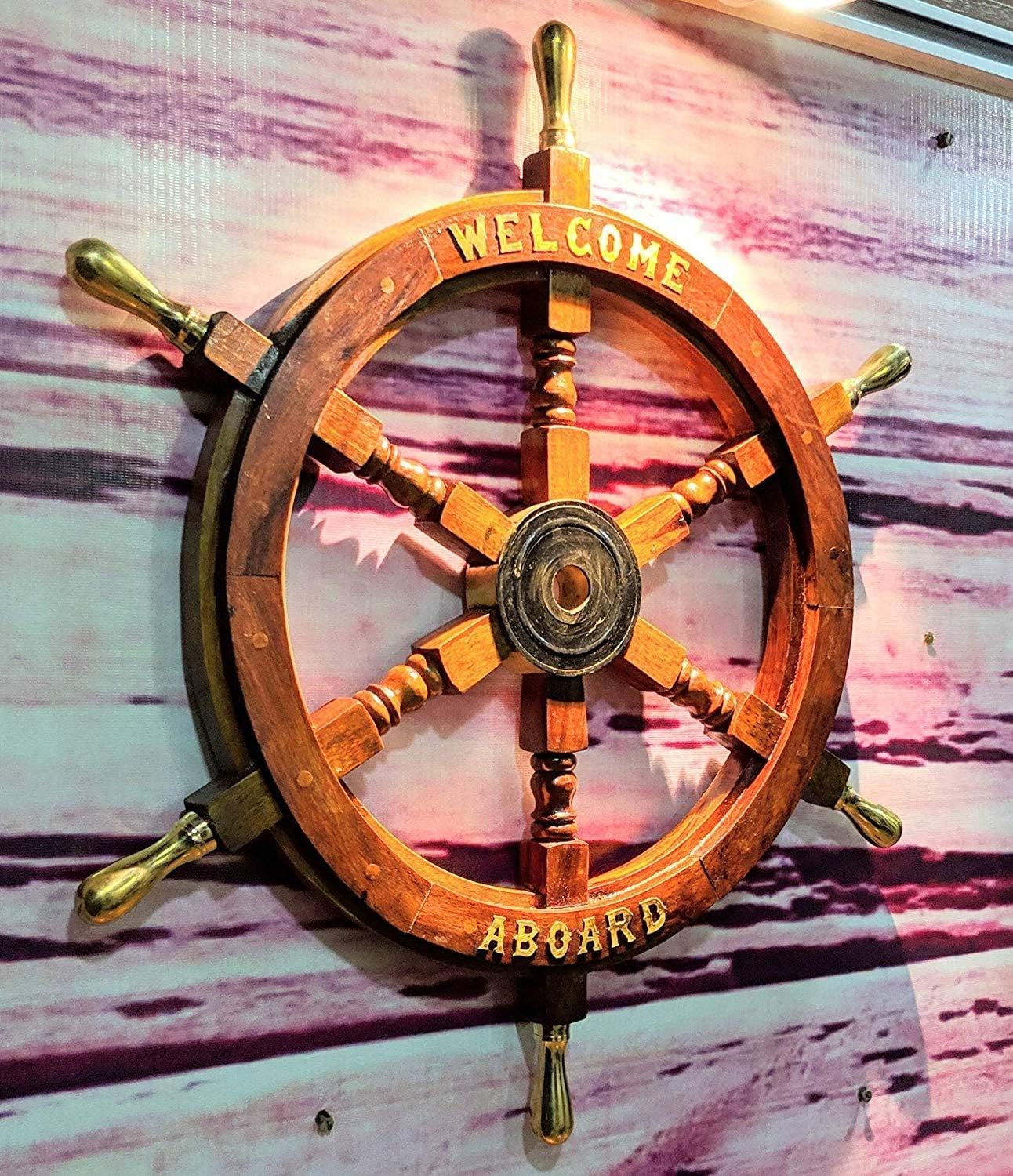 Vintage Nautical Ship Wheel - 36 Inch Wood & Brass Decorative Wall Hanging - Rustic Captain's Wheel with Brass Handles - Perfect for Living Room, Office, Bar, or Beach House Decor - Welcome Aboard Sign - Coastal & Maritime Theme Home Decoration