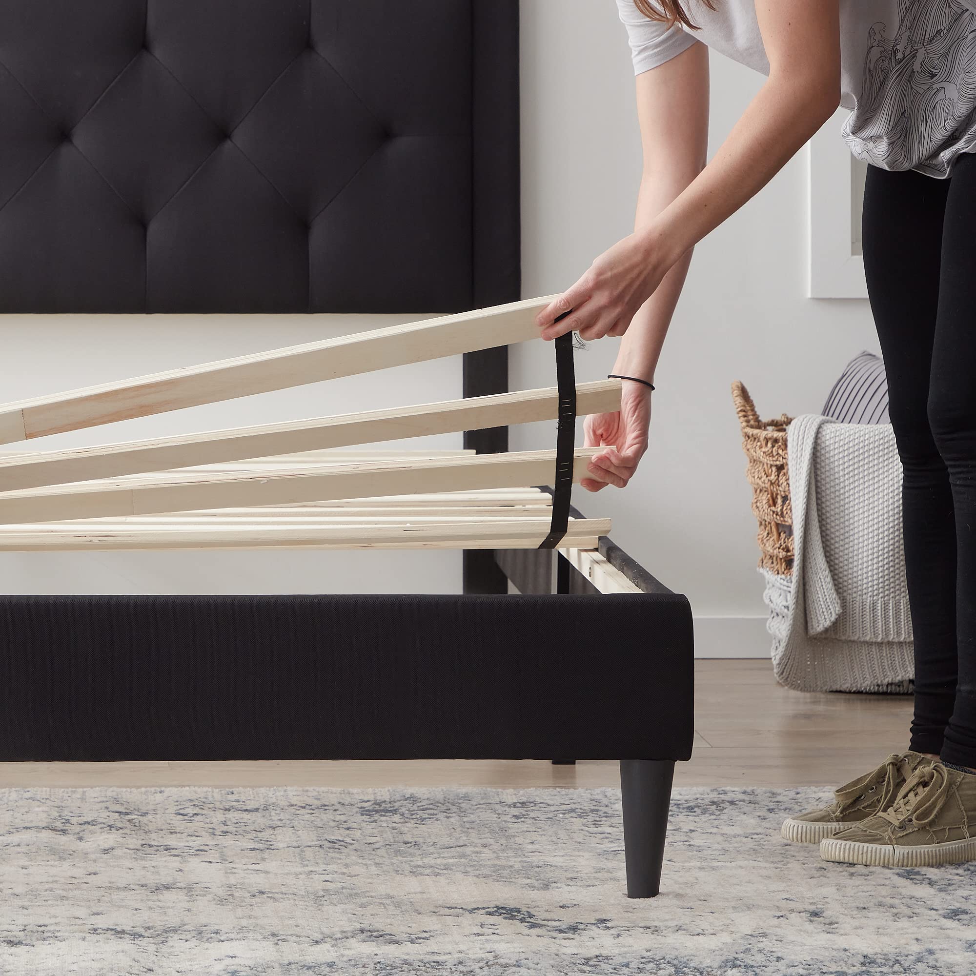 LUCID King Size Upholstered Platform Bed Frame with Headboard - No Box Spring Needed - Modern Black Bedroom Furniture for Master Bedroom & Guest Room