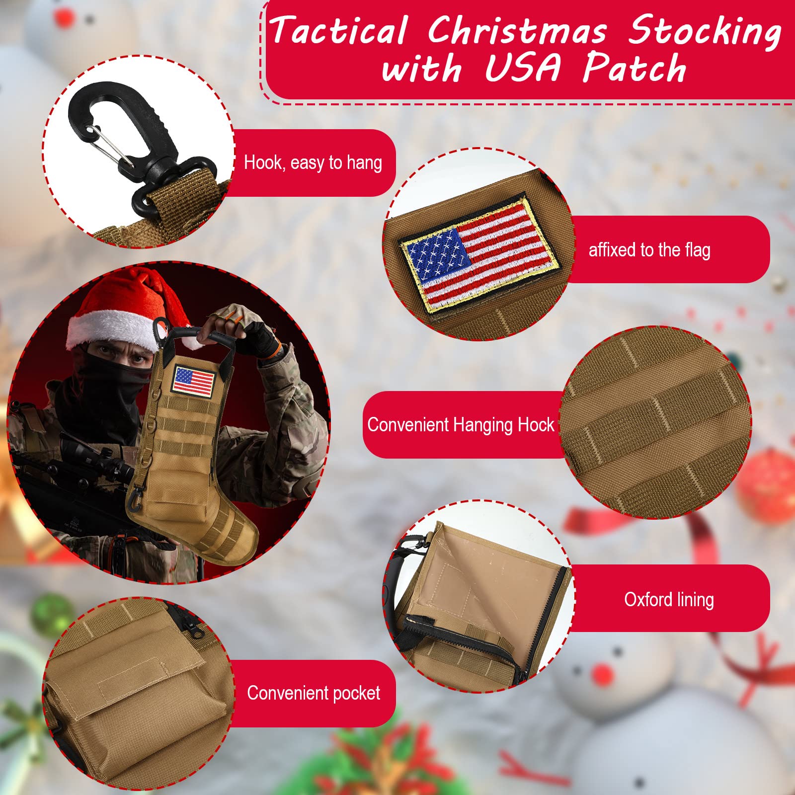 WILLBOND 2 Pack Tactical Military Christmas Stockings with American Flag Patches - MOLLE Compatible Gear Pouch for Holiday Decorations, Xmas Tree Ornaments & Home Decor (Bright Style) - Perfect for Military-Themed Christmas, Soldier Gifts & Patriotic Holiday Decor