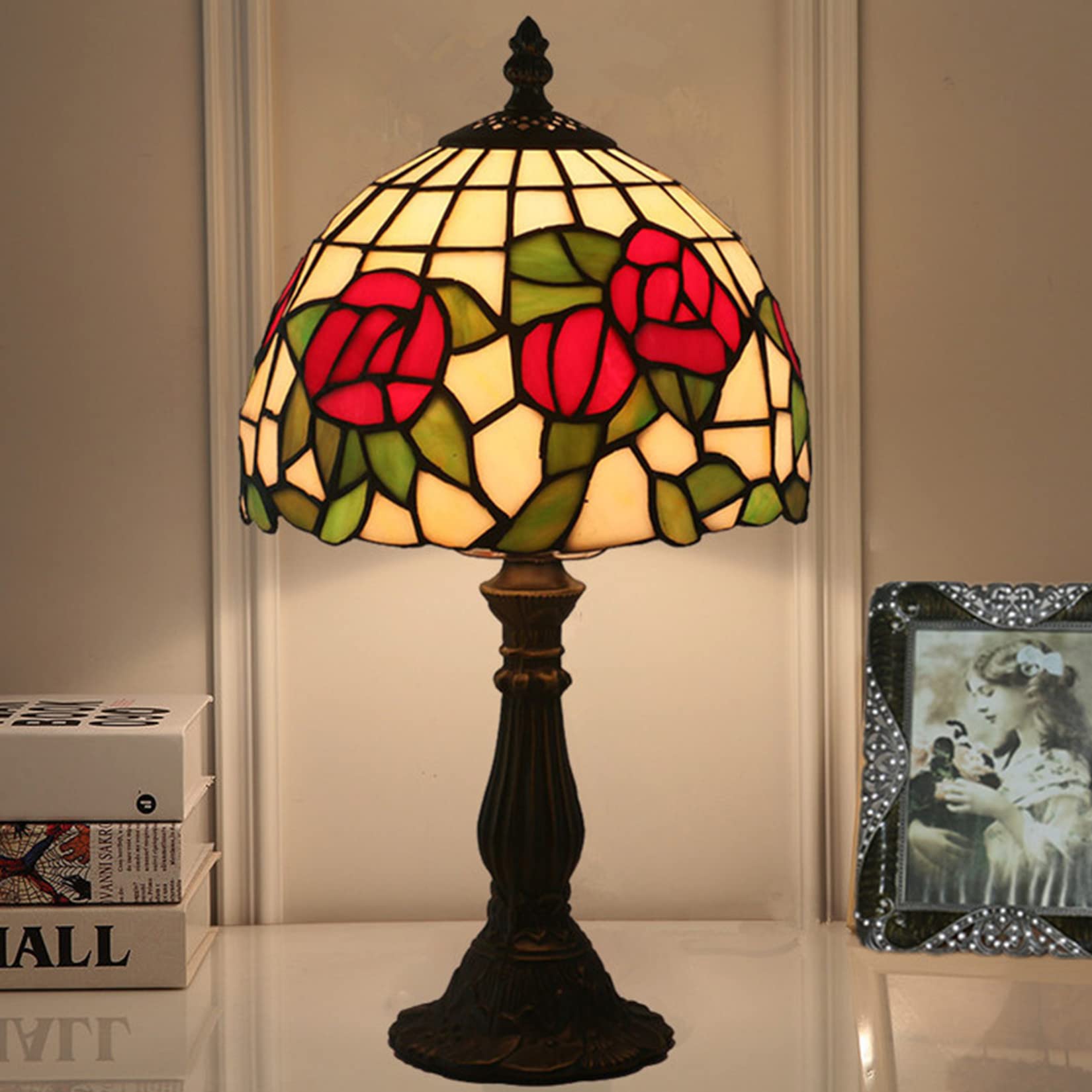 Mini Red Rose Green Leaves Tiffany Style 8 Inch Stained Glass Table Lamp - Elegant Desk & Reading Light for Living Room, Bedroom, Bedside, Wedding Decor | Perfect for Romantic Ambiance, Home Office & Gift Giving