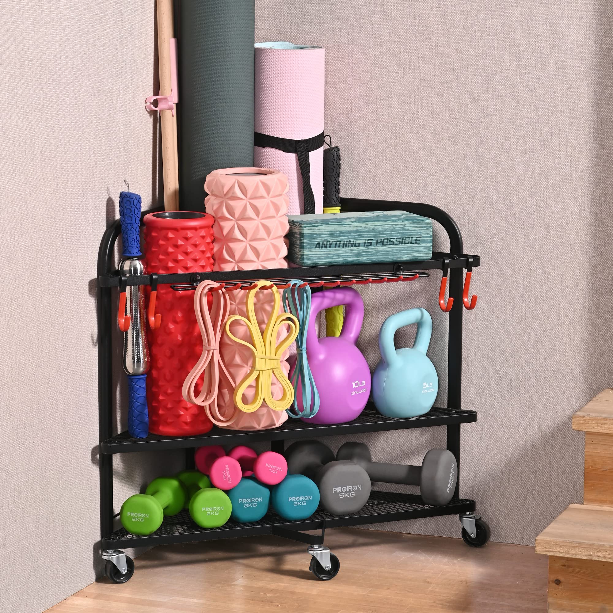 PLKOW Heavy Duty Dumbbell Weight Rack - Home Gym Equipment Organizer for Dumbbells, Kettlebells & Yoga Mats - Space Saving Storage Solution for Garage, Basement & Home Gym - Perfect for Fitness Enthusiasts & Small Spaces