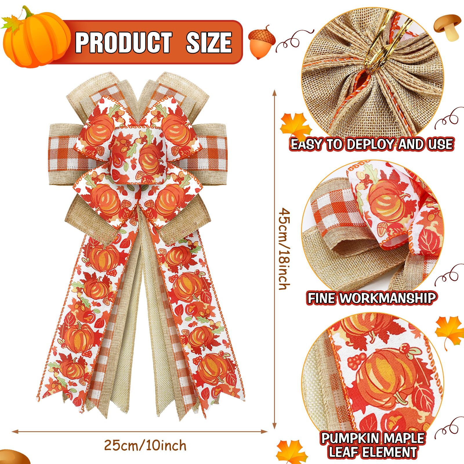 Fall Wreath Bows - Pumpkin Maple Leaves Decor for Thanksgiving & Home