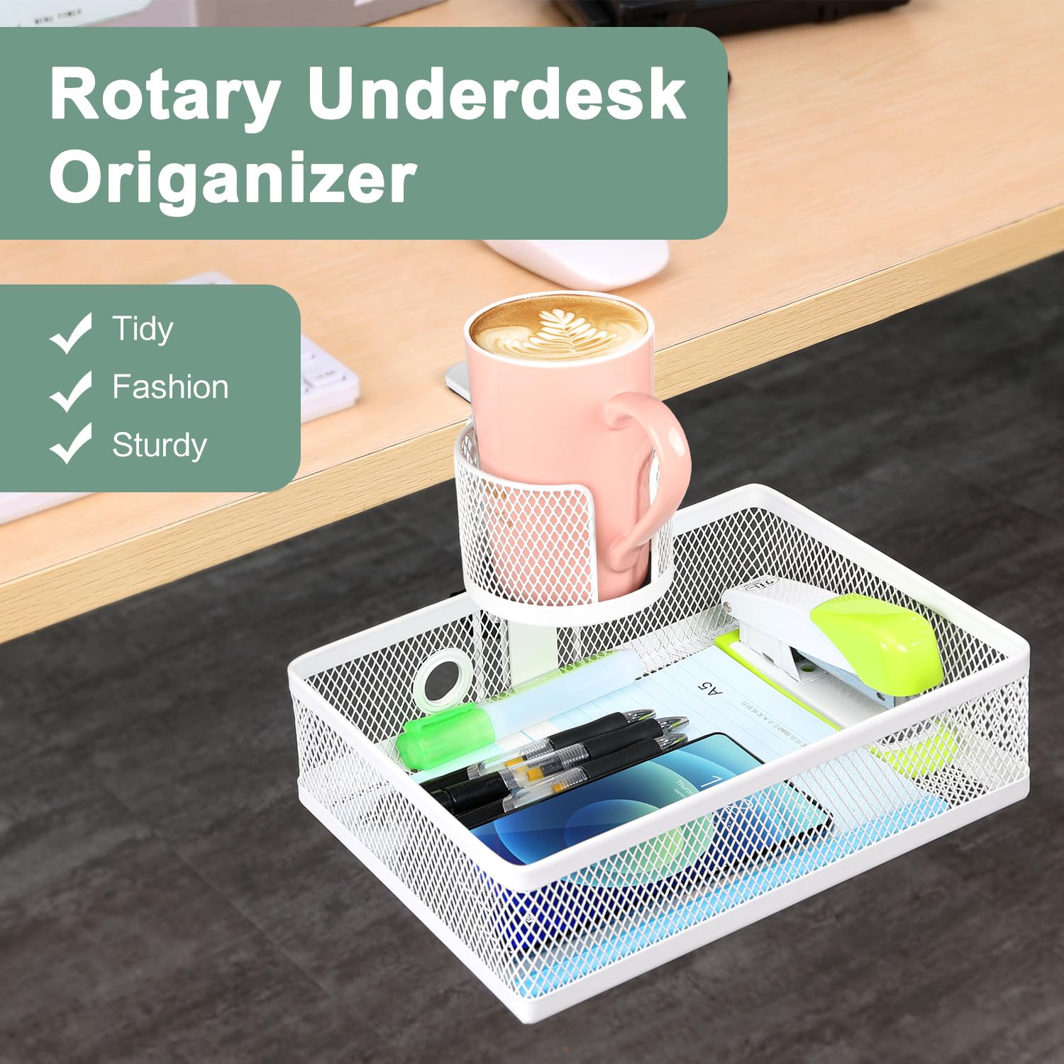 360° Rotating Under Desk Drawer Organizer with Cup Holder - Sturdy & Durable Clamp Storage Basket for Office/Home (White) | Perfect for Small Space Organization Under Computer Desk