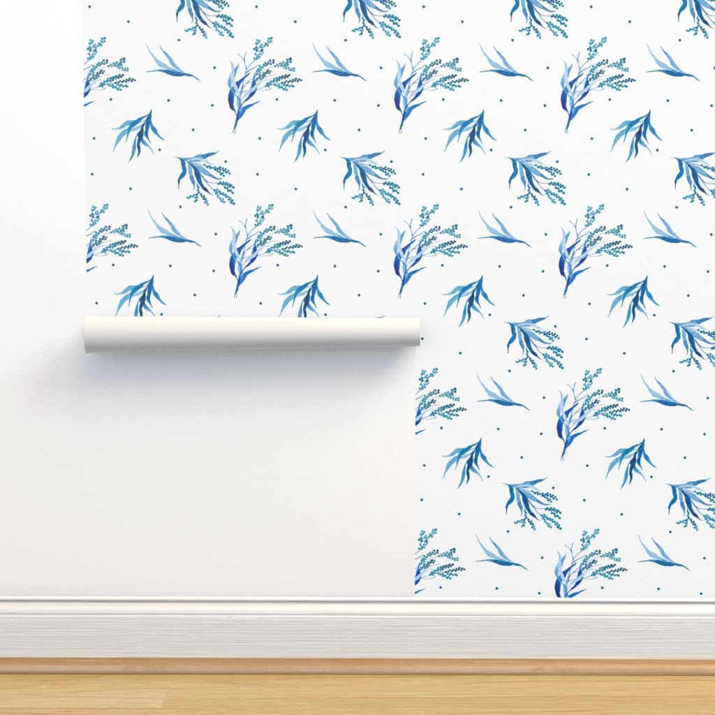 12ft x 2ft Blue Watercolor Floral Peel & Stick Wallpaper - Artistic Branches Leaves Polka Dot Design | Removable Self-Adhesive Wallpaper for Bedroom, Living Room, Nursery & Office Decor