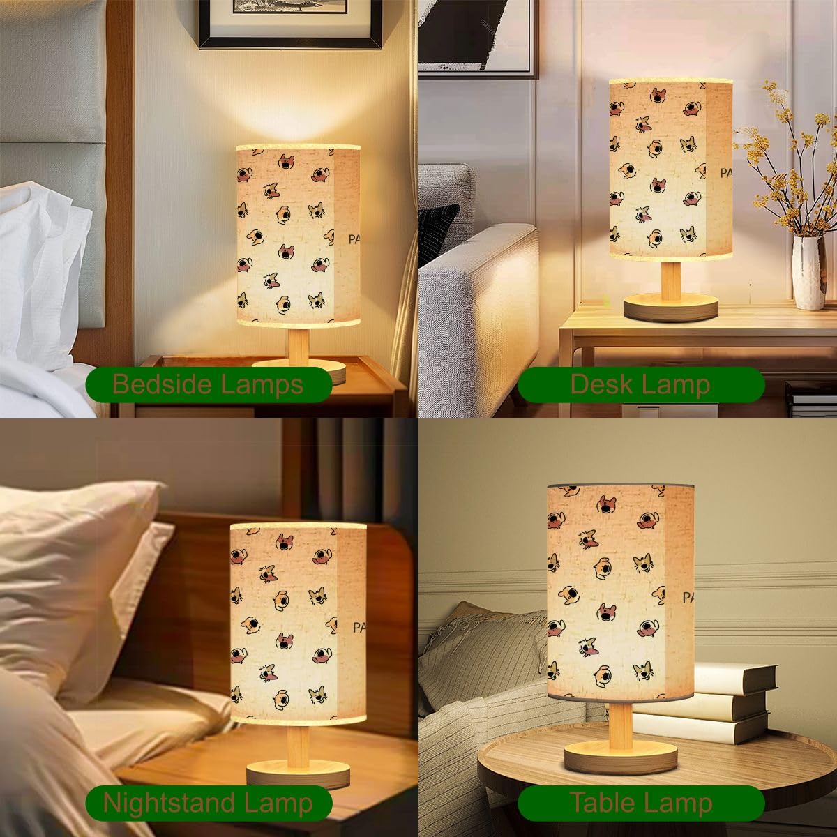 Cute Cartoon Pattern Dimmable Bedside Lamp with Linen Lampshade & Wood Base - Nightstand Lamp for Bedroom, Living Room, Office - Perfect for Kids' Room, Reading Nook & Cozy Nighttime Ambience
