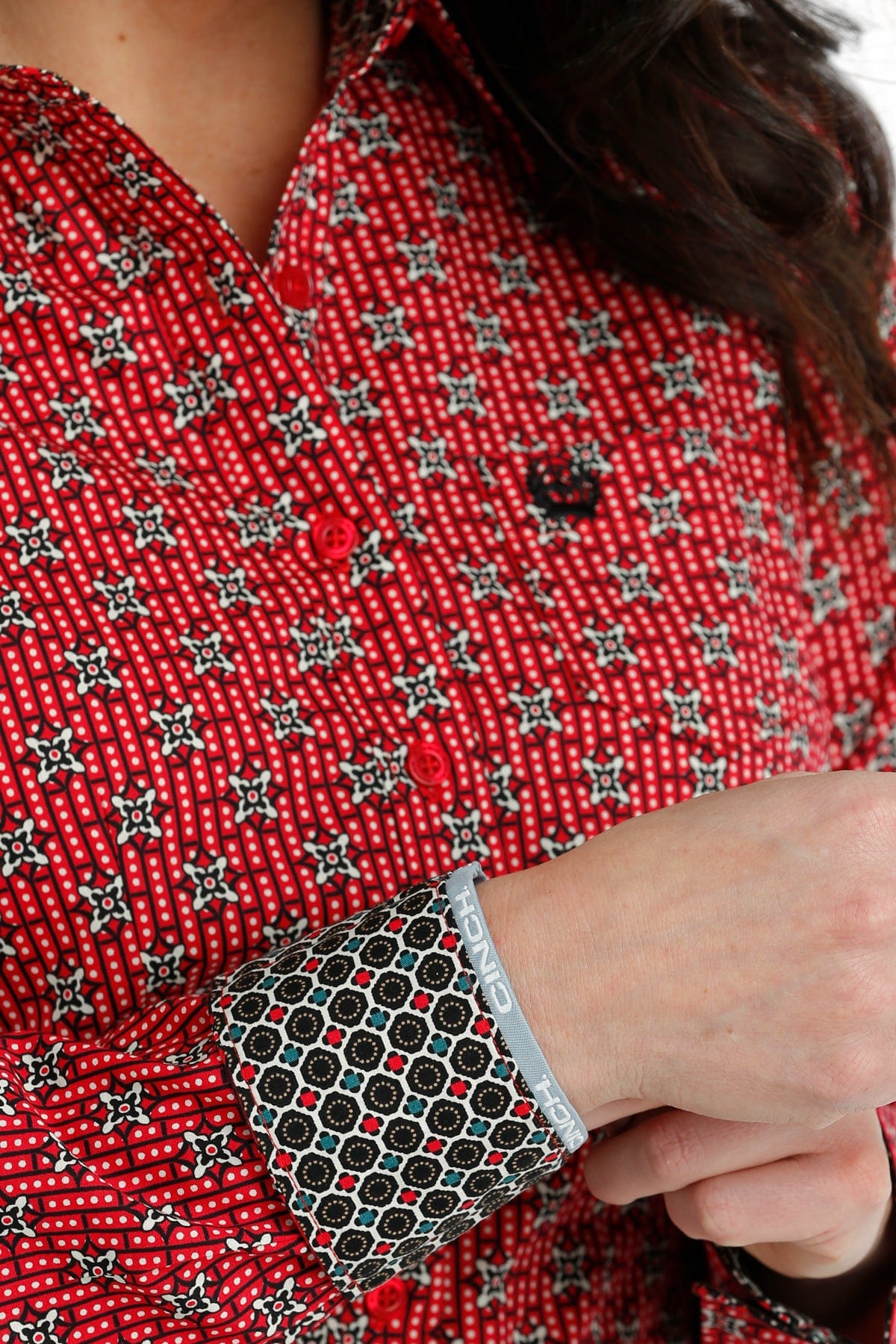 Women's Long Sleeve Cinch Top with Red Print - Comfortable & Stylish for Casual Wear, Work, and Outdoor Activities