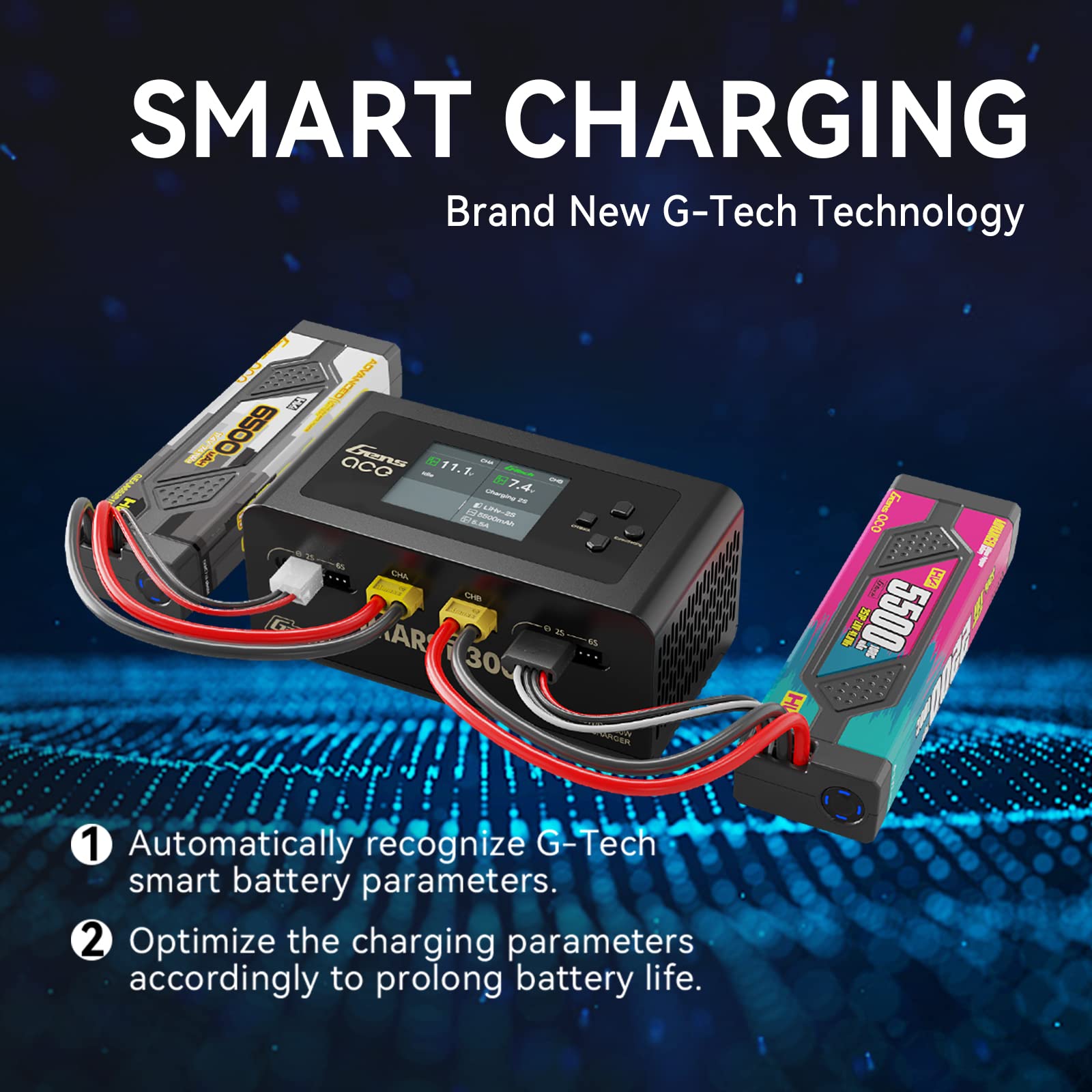 Gens Ace IMARS D300 G-Tech Series Smart Dual Lipo Battery Charger - 16A AC 300W DC 700W Fast Charging for RC Cars, Drones & Airsoft - Black - Perfect for Hobbyists & Professional RC Enthusiasts