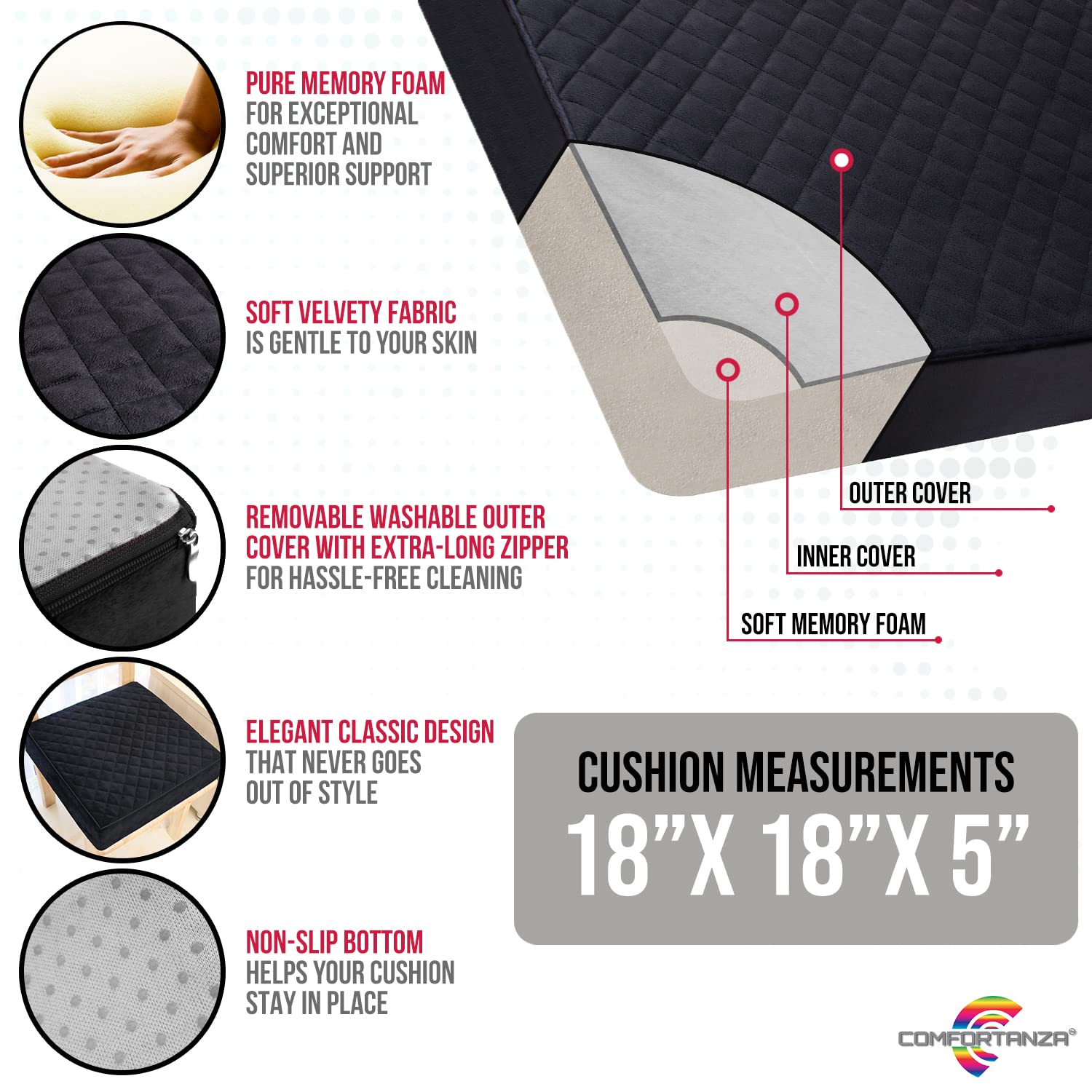 **18x18x5 Memory Foam Seat Cushion - Thick Non-Slip Square Chair Pad for Kitchen, Dining, Office & Car Seats - Back Pain Relief & Comfort Support - Soft Black Cushion for Home, Work & Travel**