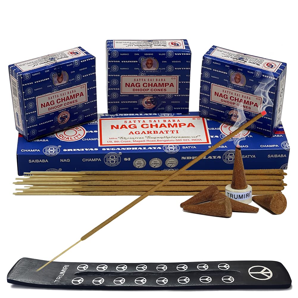 Satya Nag Champa Incense Sticks & Cones Variety Pack - 100g with Burner Holder | Natural Aromatherapy for Meditation, Yoga & Home Relaxation | Smudging & Spiritual Cleansing