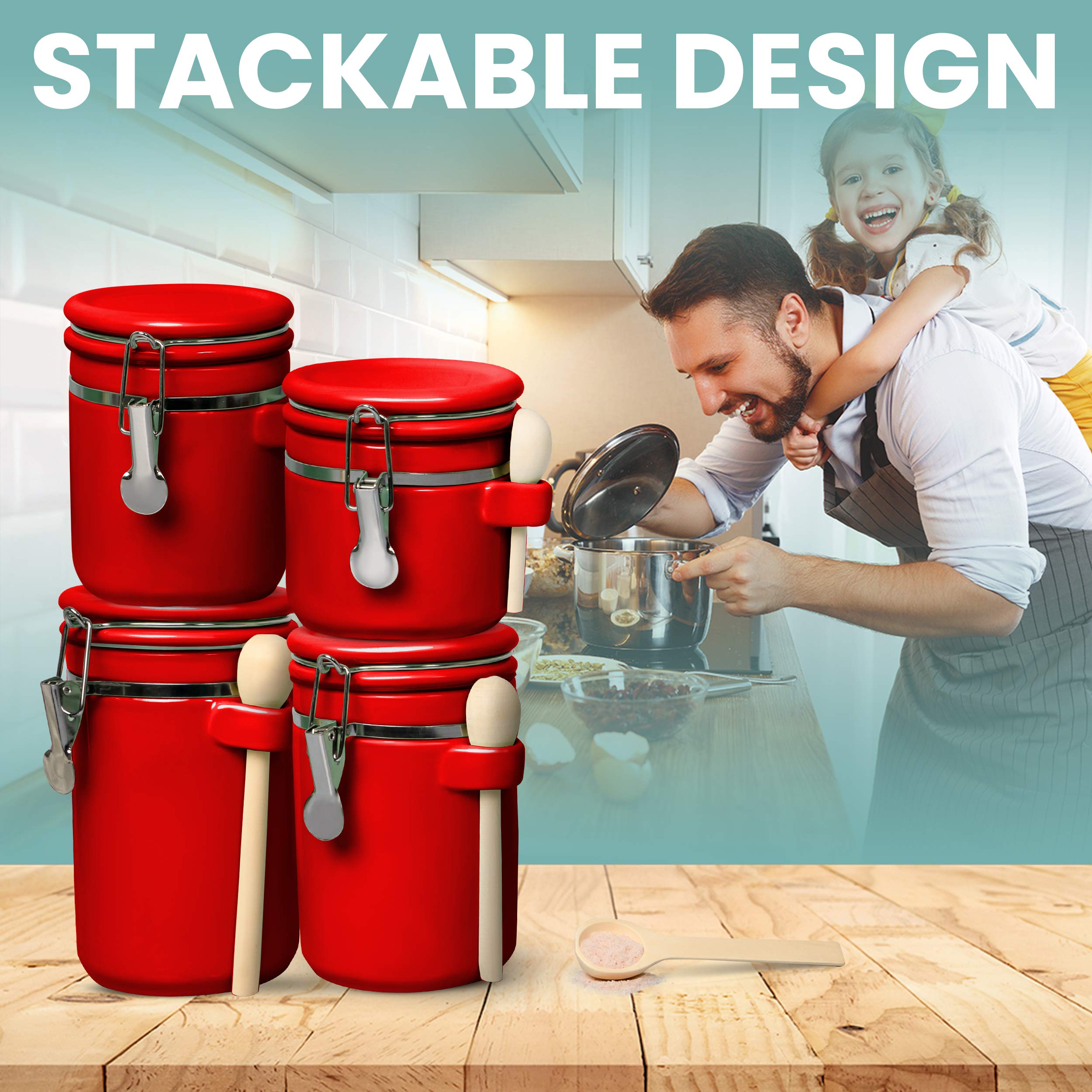 Airtight 4-Piece Ceramic Kitchen Canisters Set with Wooden Spoons - Smell Proof Food Storage Containers for Sugar, Coffee, Flour & Tea - Includes Chalkboard Labels & Marker (Red) - Perfect for Pantry Organization & Countertop Display
