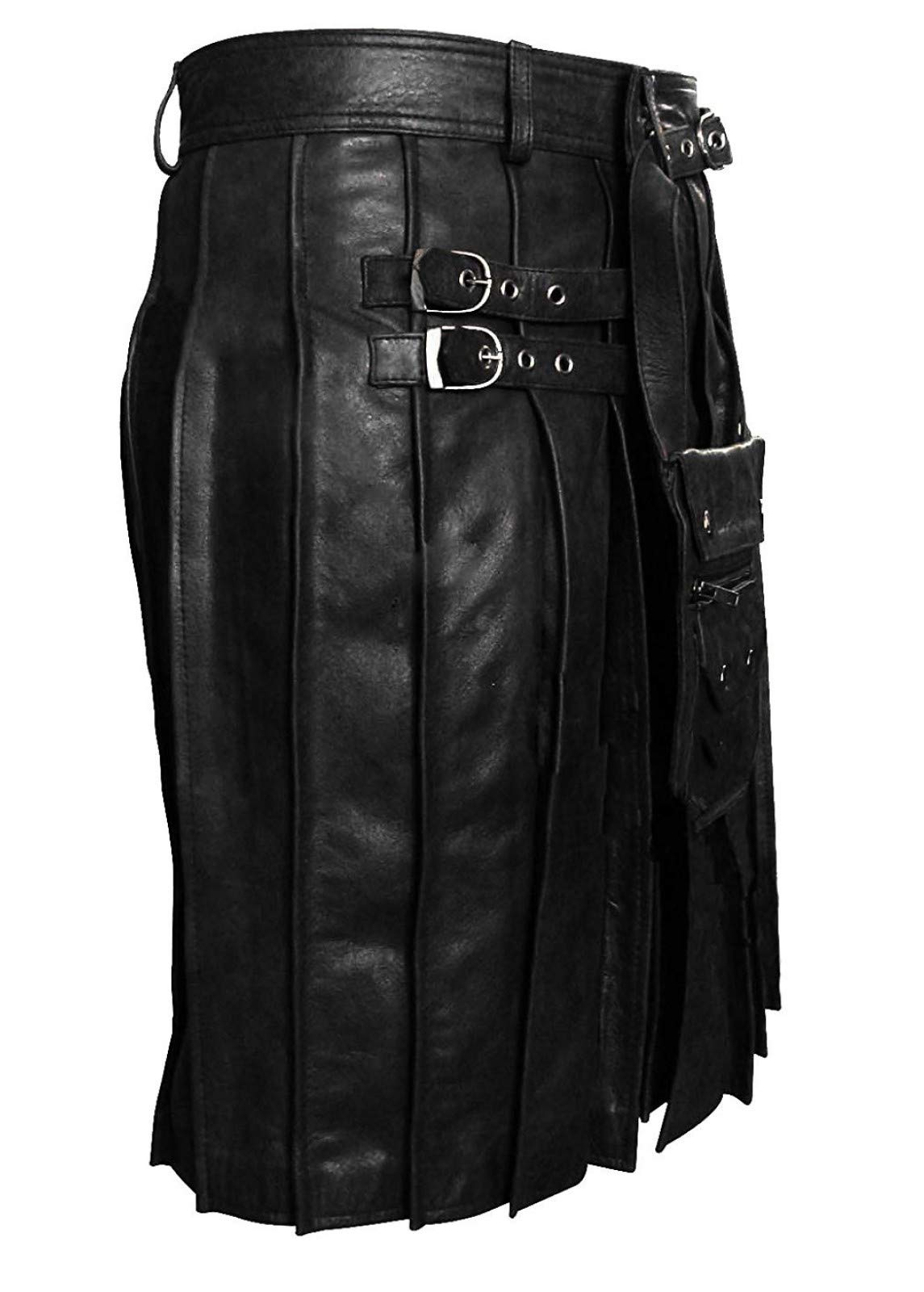Men's Real Black Leather Utility Kilt with Sporran - Stylish Pleated Design for Casual Wear, Cosplay & Renaissance Fairs