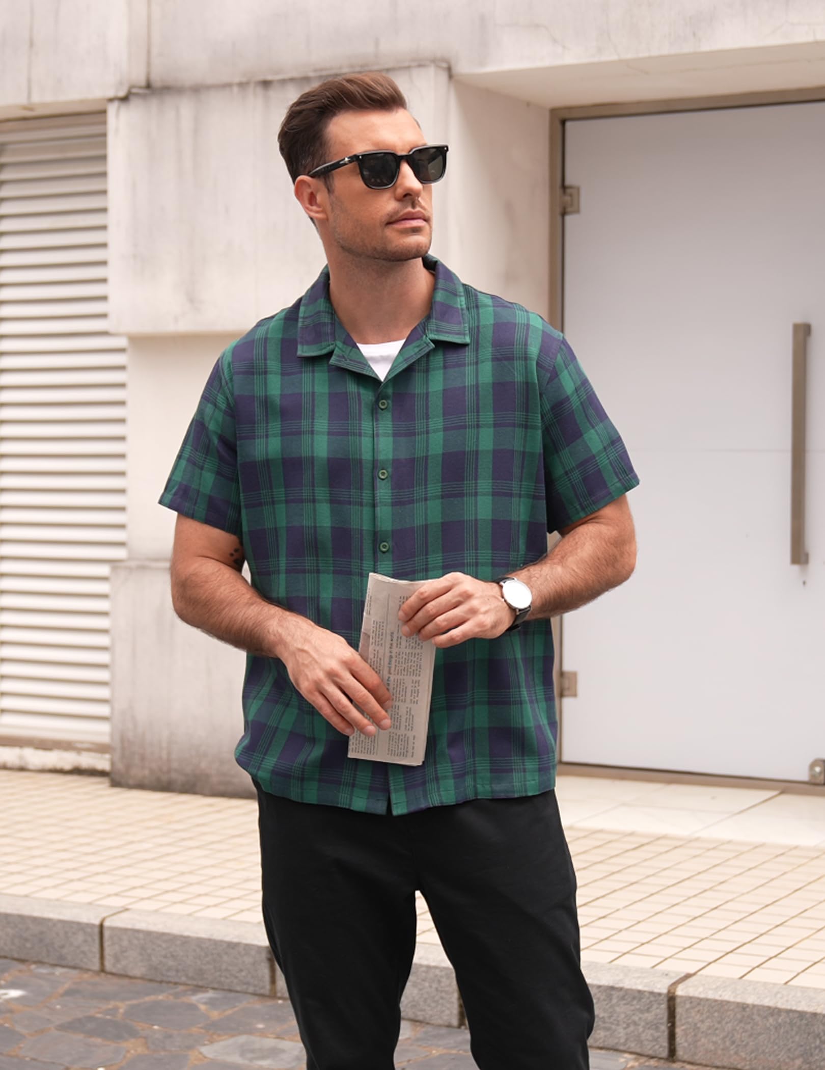 COOFANDY Men's Casual Short Sleeve Plaid Button Down Shirt - 75% Cotton Breathable Work Shirt for Office, Outdoor & Summer Wear