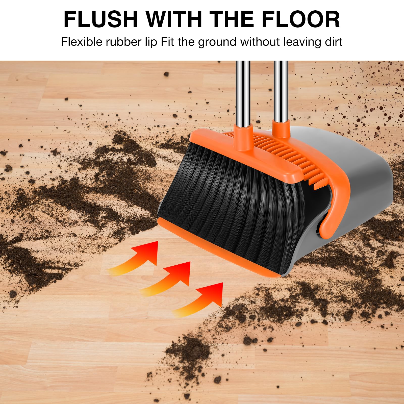 52-in Long Adjustable Handle Broom and Dustpan Set with Teeth for Hair Cleaning - Gray & Orange | Ideal for Home, Kitchen, Office & Hallway Floors