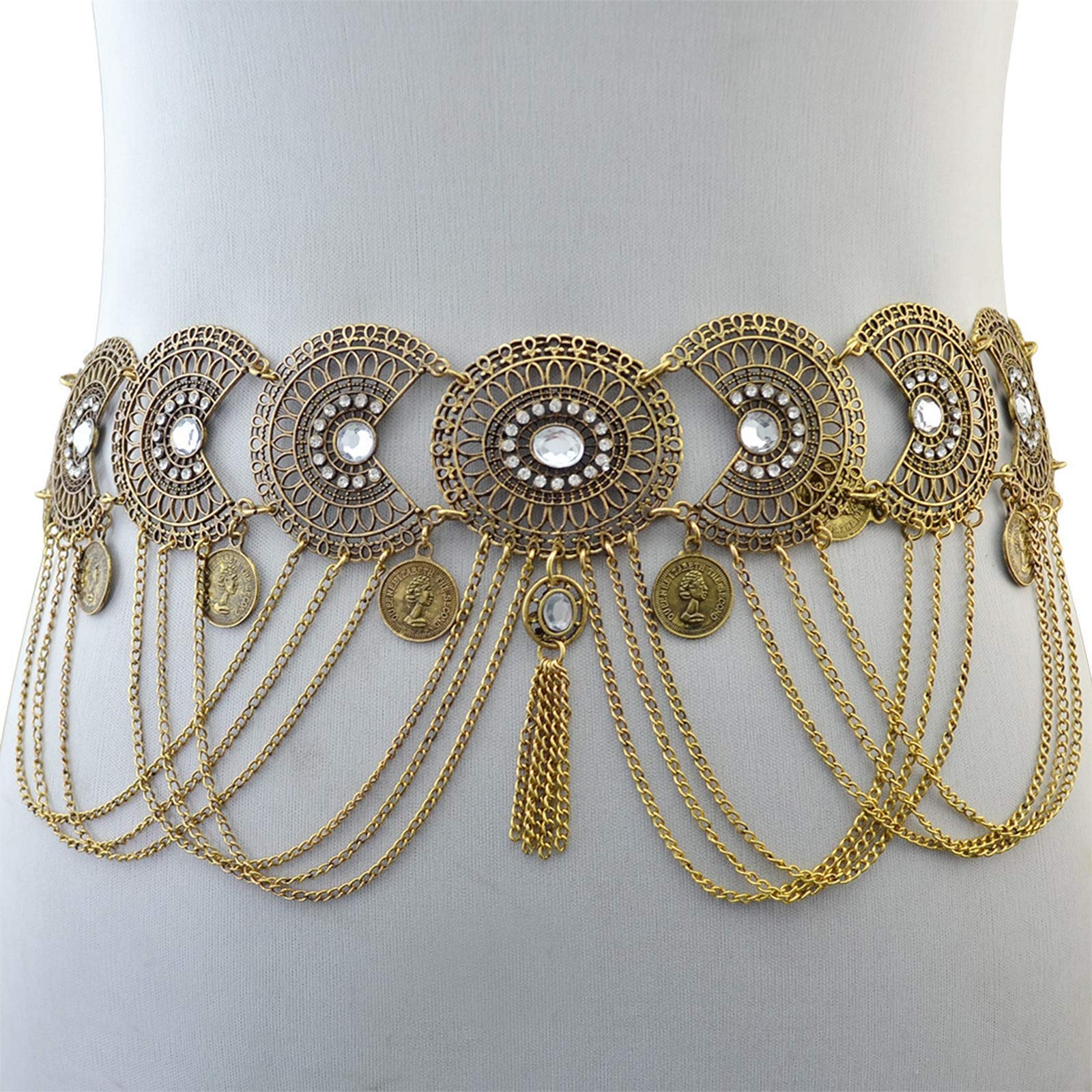 Vintage Adjustable Tassel Crystal Waist Chain Belt for Women - Geometric Metal Body Harness with Cross Design, Perfect for Beach, Dance, and Festival Outfits
