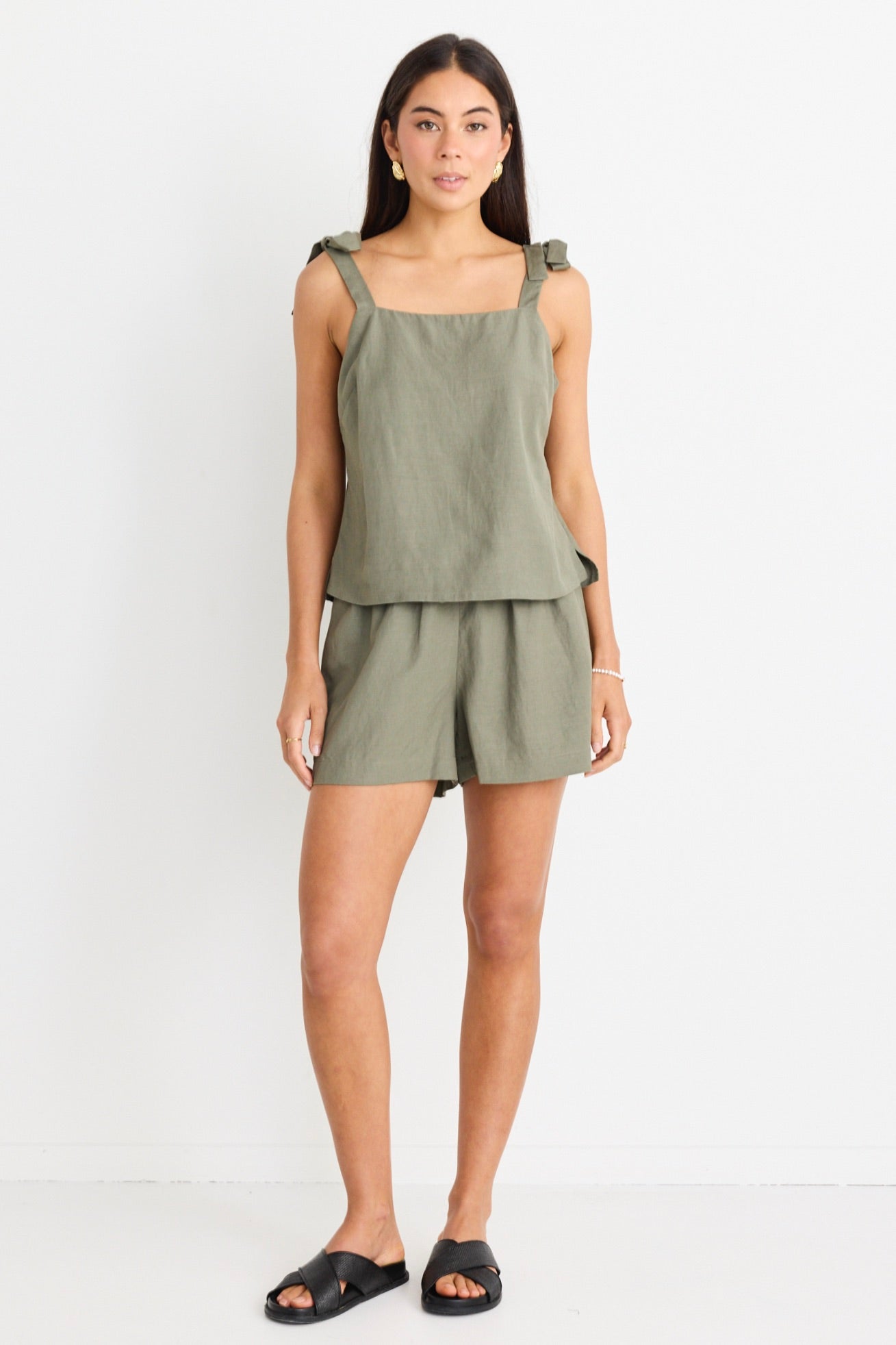 Enriched Khaki Linen Blend Straight Cami Top - Women's Casual Summer Tank Top for Beach, Travel & Everyday Wear