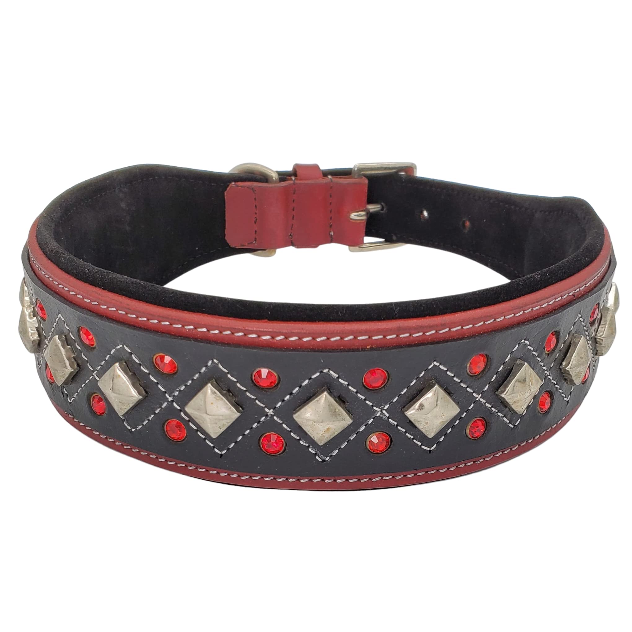 Blazing Paws Darlington 2 Inch Wide Genuine Leather Dog Collar for Large Breeds - Red & Black Handmade Soft Suede Padded with Crystal Studs, Western Style Design (15-19