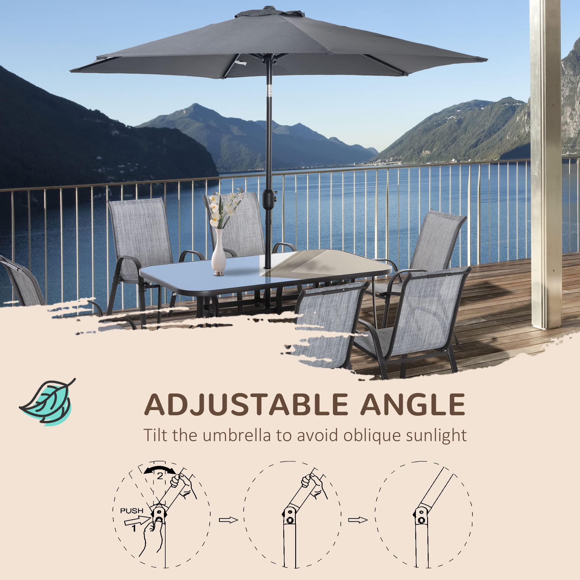 Outsunny 8-Piece Patio Furniture Set with 9Ft Umbrella, Outdoor Dining Table & 6 Chairs, Push-Button Tilt & Crank Parasol, Tempered Glass Top (Gray) - Perfect for Backyard, Garden, Poolside & Outdoor Entertaining